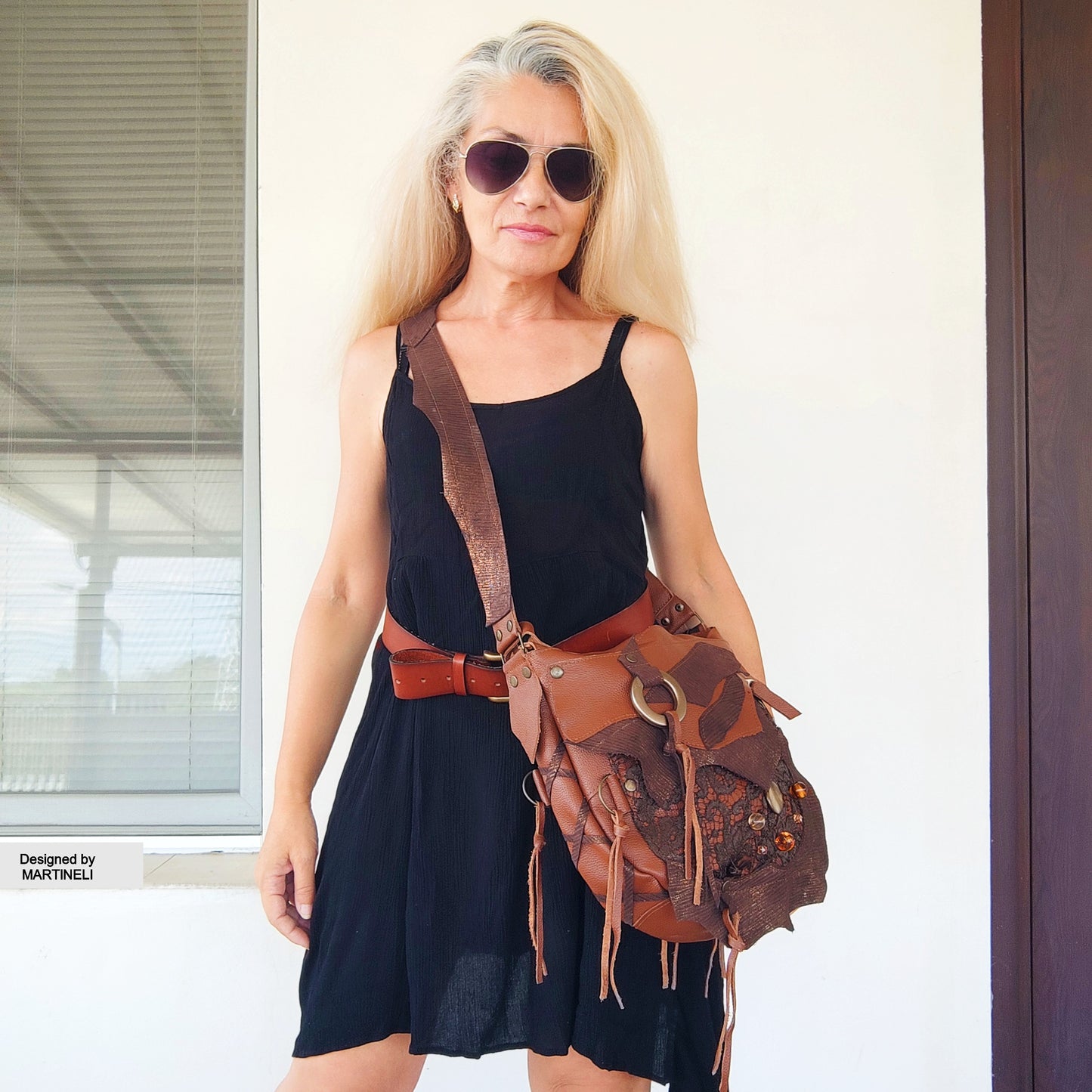 Brown Leather Shoulder Bag with Beads&Floral Lace-Boho Chic Crossbody Purse,Unique Artisan Floral Bag Women,Statement High-End Festival Bag
