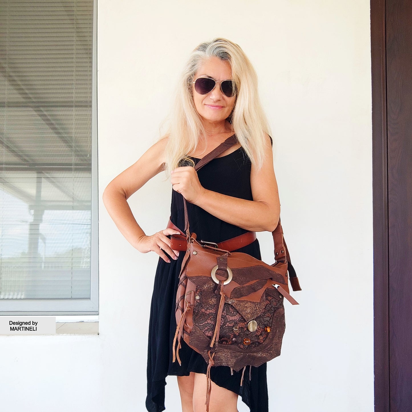 Brown Leather Shoulder Bag with Beads&Floral Lace-Boho Chic Crossbody Purse,Unique Artisan Floral Bag Women,Statement High-End Festival Bag