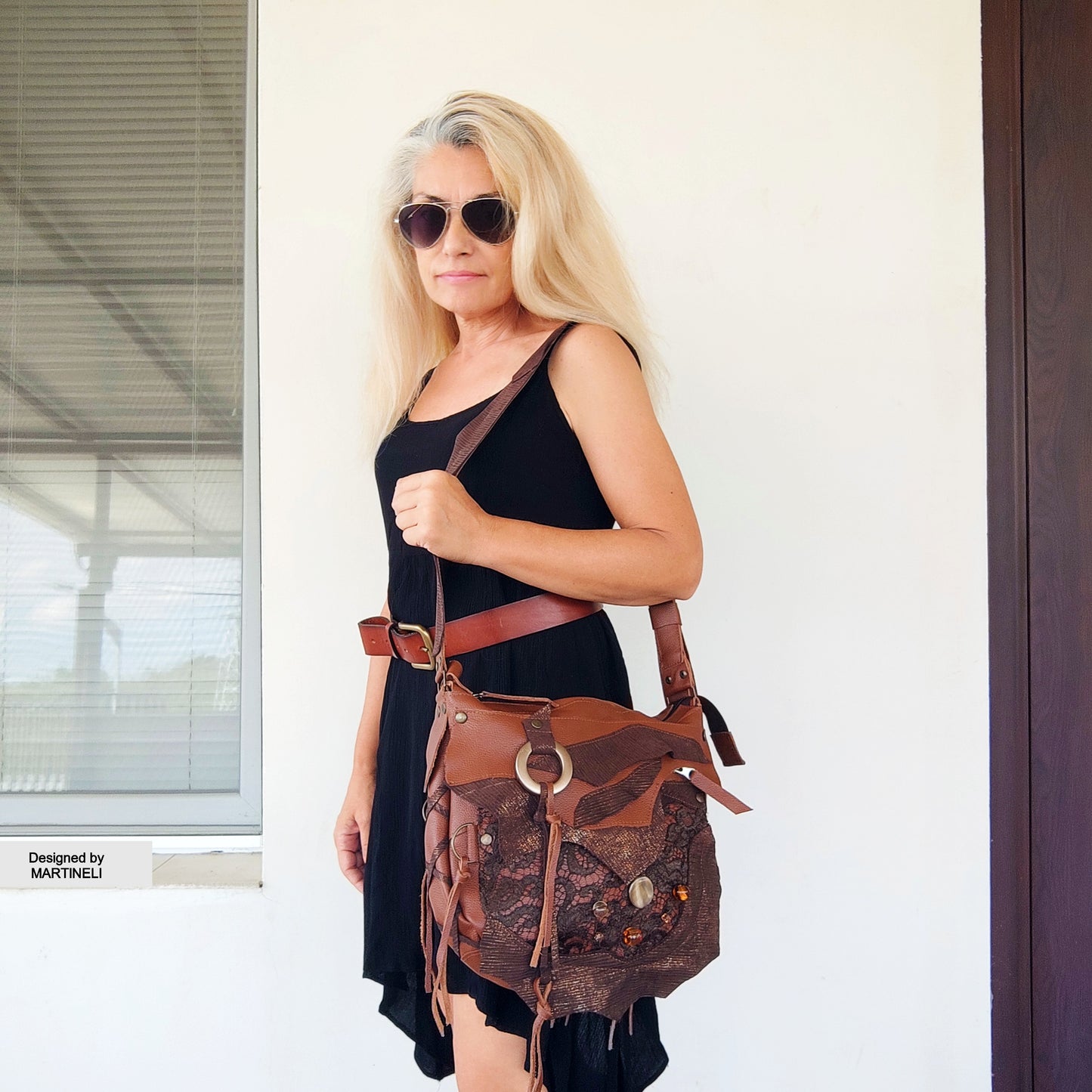 Brown Leather Shoulder Bag with Beads&Floral Lace-Boho Chic Crossbody Purse,Unique Artisan Floral Bag Women,Statement High-End Festival Bag