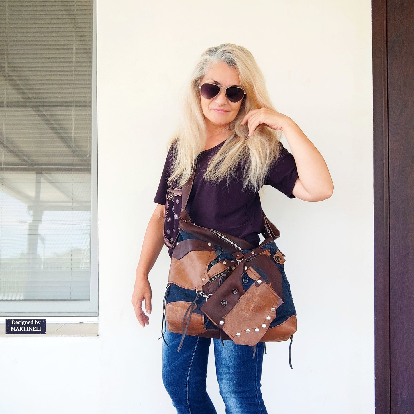 Handmade Denim Crossbody Bag-Upcycled Boho Jean Purse with Leather Straps-Recycled Jeans Shoulder Purse-Eco Friendly Festival Bag-Western