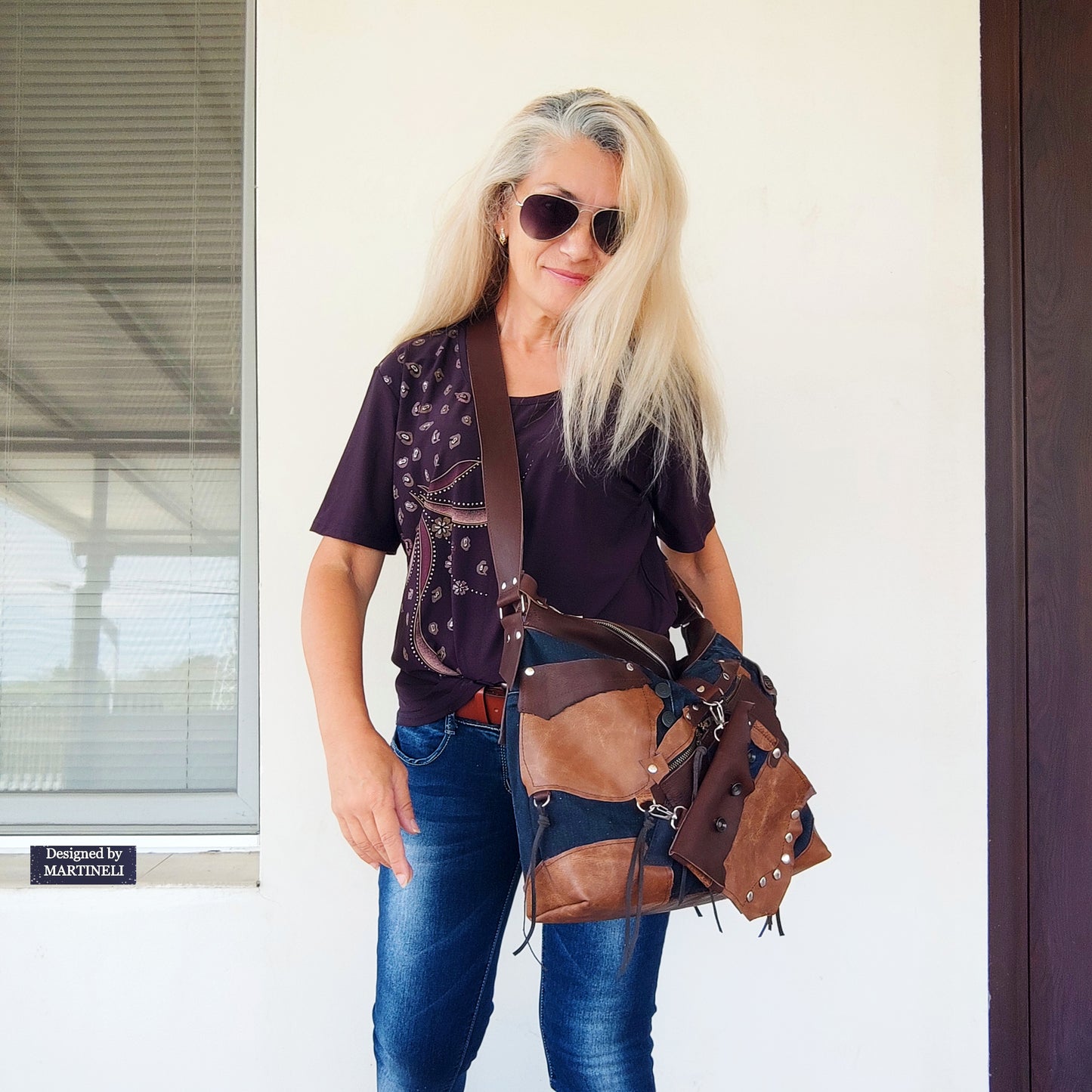 Handmade Denim Crossbody Bag-Upcycled Boho Jean Purse with Leather Straps-Recycled Jeans Shoulder Purse-Eco Friendly Festival Bag-Western
