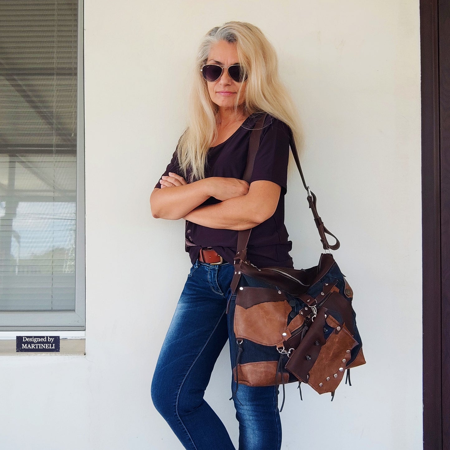 Handmade Denim Crossbody Bag-Upcycled Boho Jean Purse with Leather Straps-Recycled Jeans Shoulder Purse-Eco Friendly Festival Bag-Western