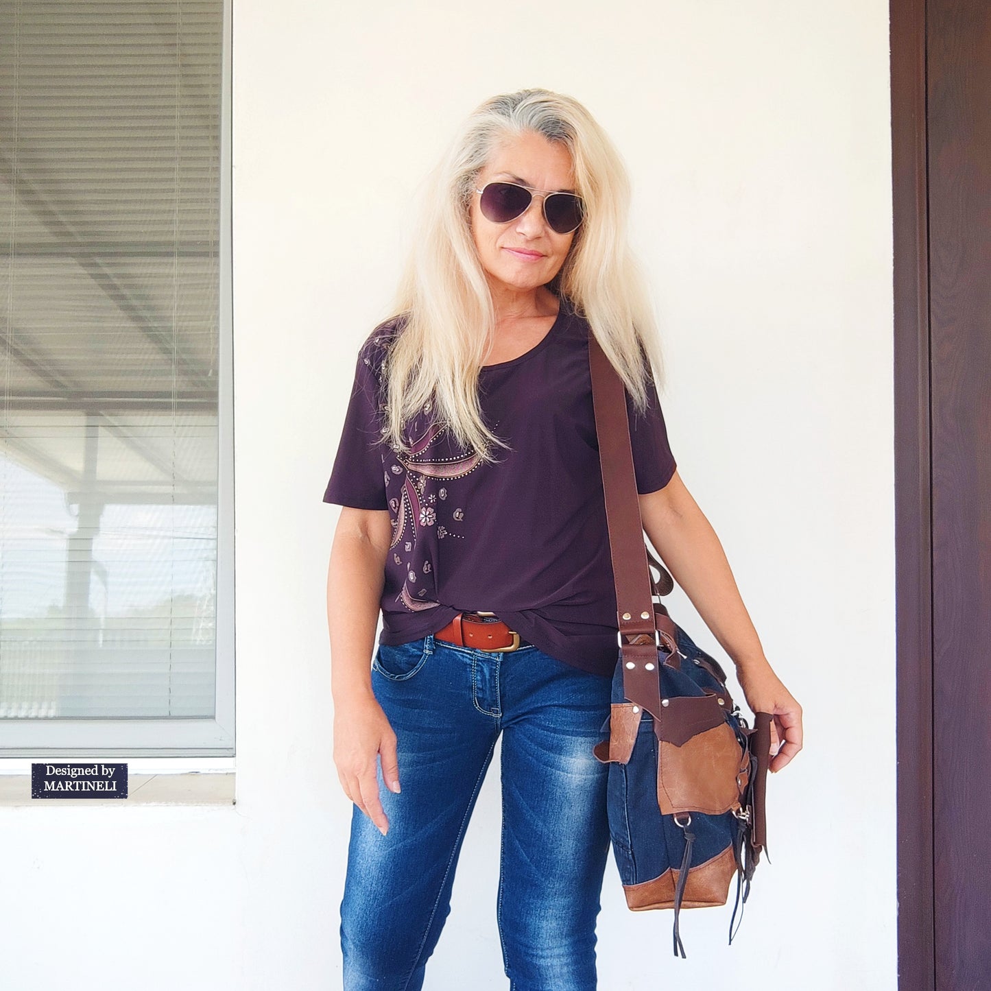Handmade Denim Crossbody Bag-Upcycled Boho Jean Purse with Leather Straps-Recycled Jeans Shoulder Purse-Eco Friendly Festival Bag-Western
