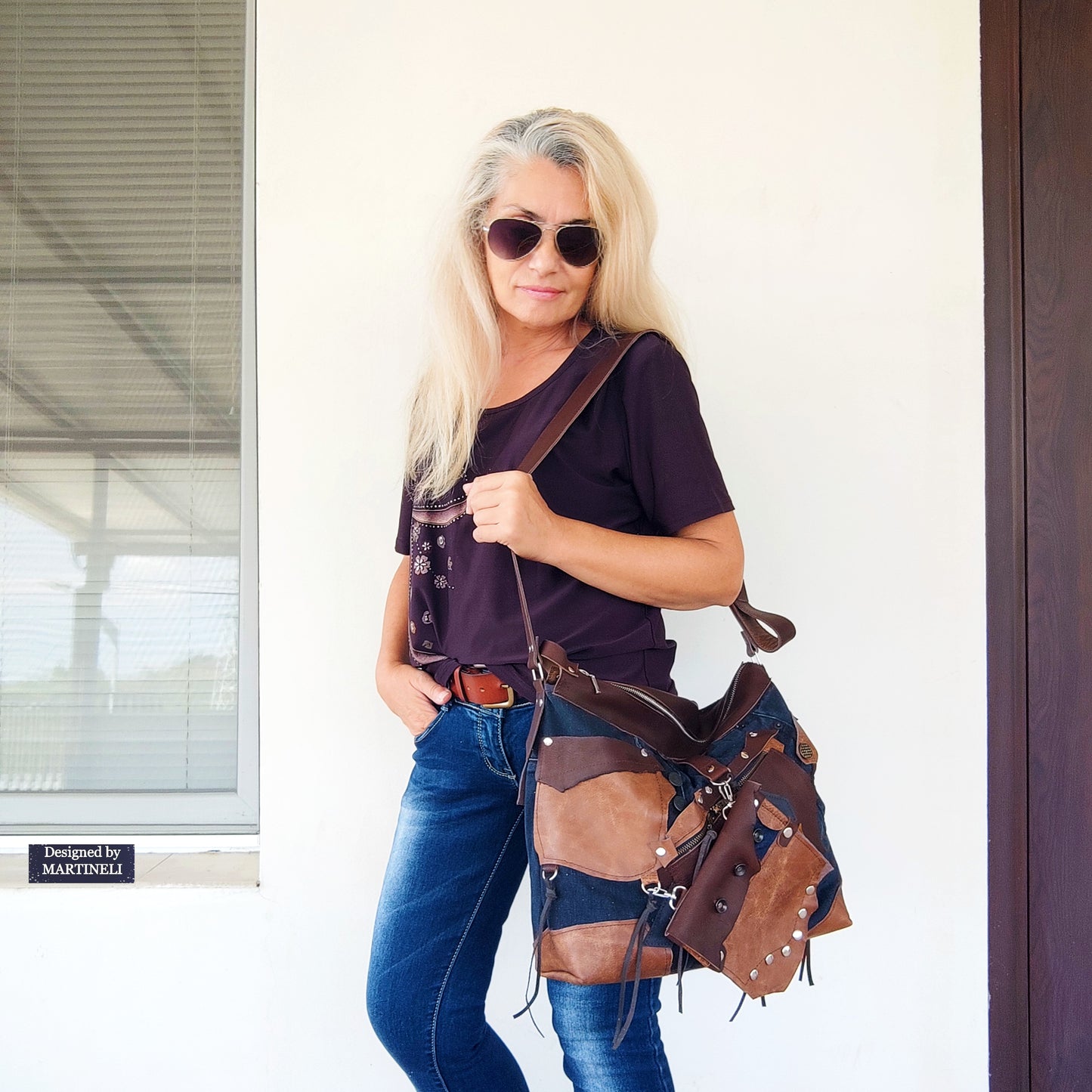 Handmade Denim Crossbody Bag-Upcycled Boho Jean Purse with Leather Straps-Recycled Jeans Shoulder Purse-Eco Friendly Festival Bag-Western