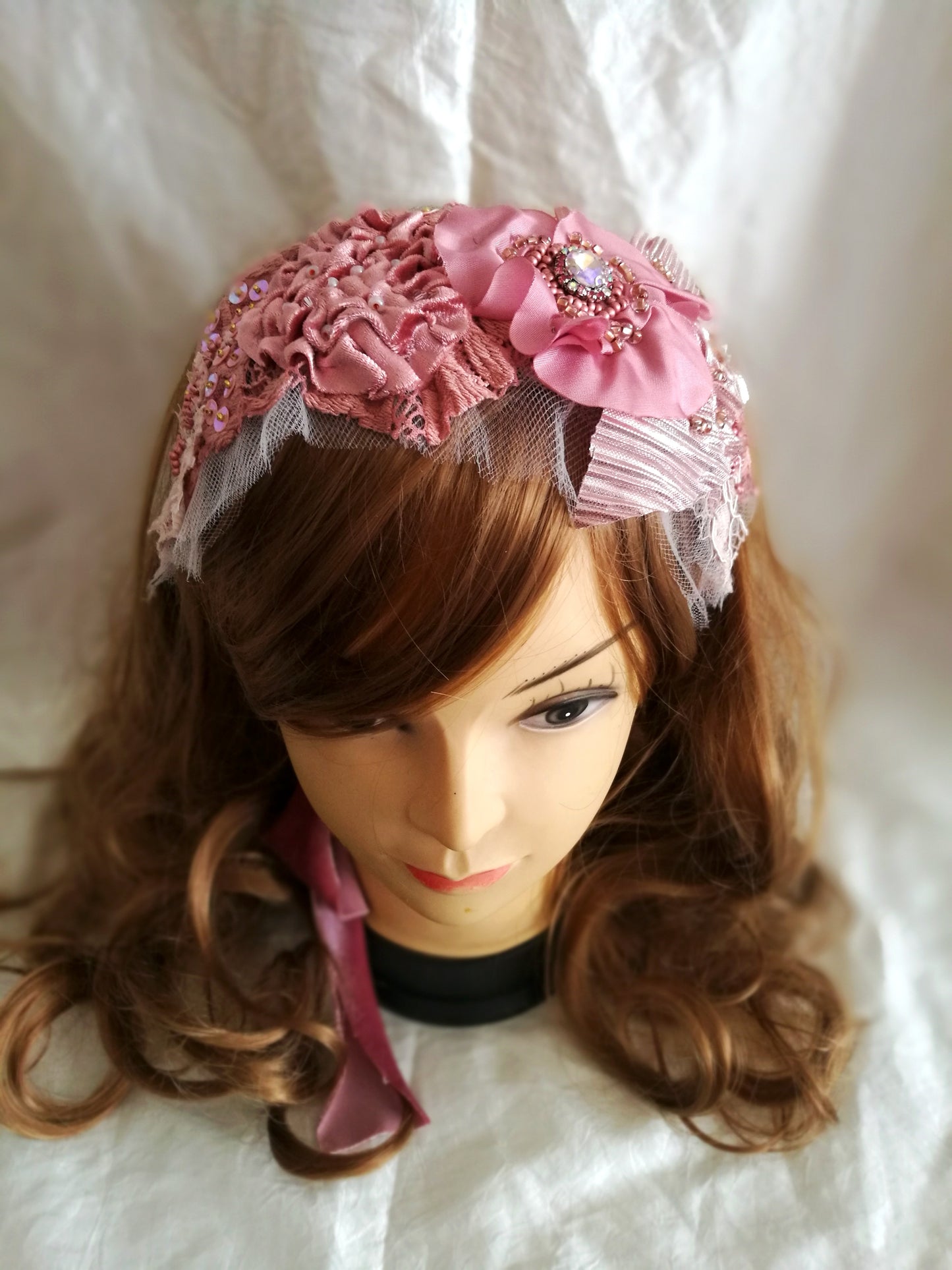 Pink Floral Headband Boho Beaded Headpiece for Women