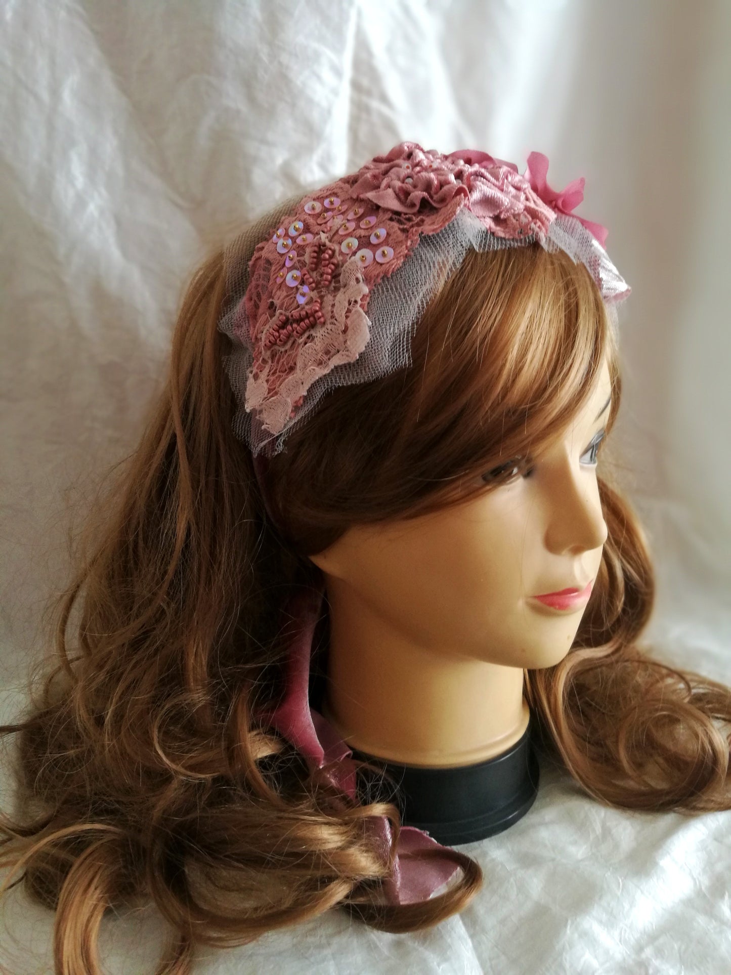 Pink Floral Headband Boho Beaded Headpiece for Women
