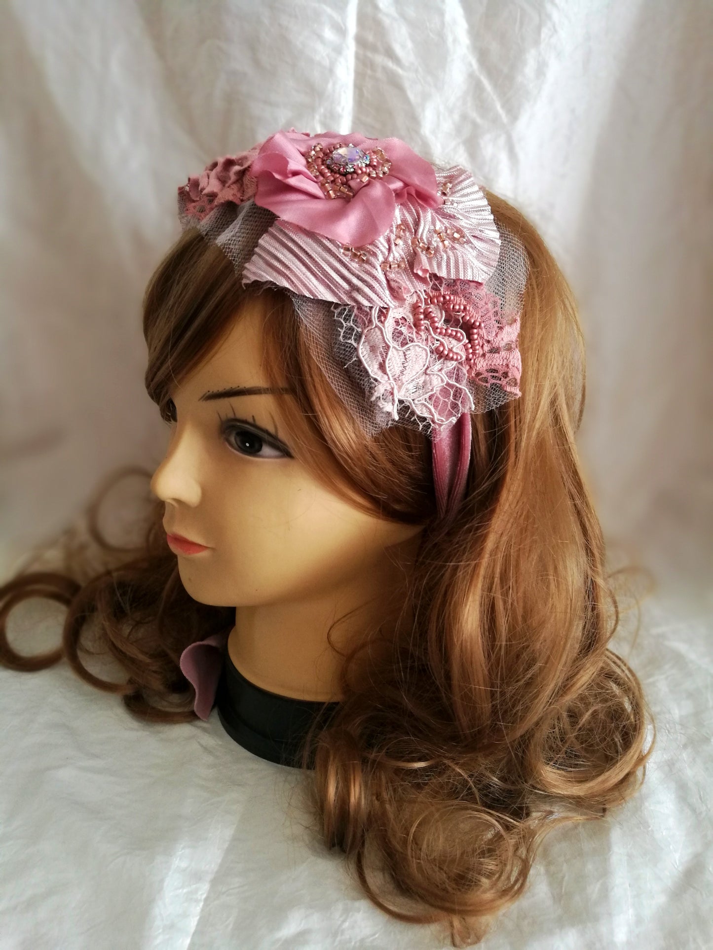Pink Floral Headband Boho Beaded Headpiece for Women