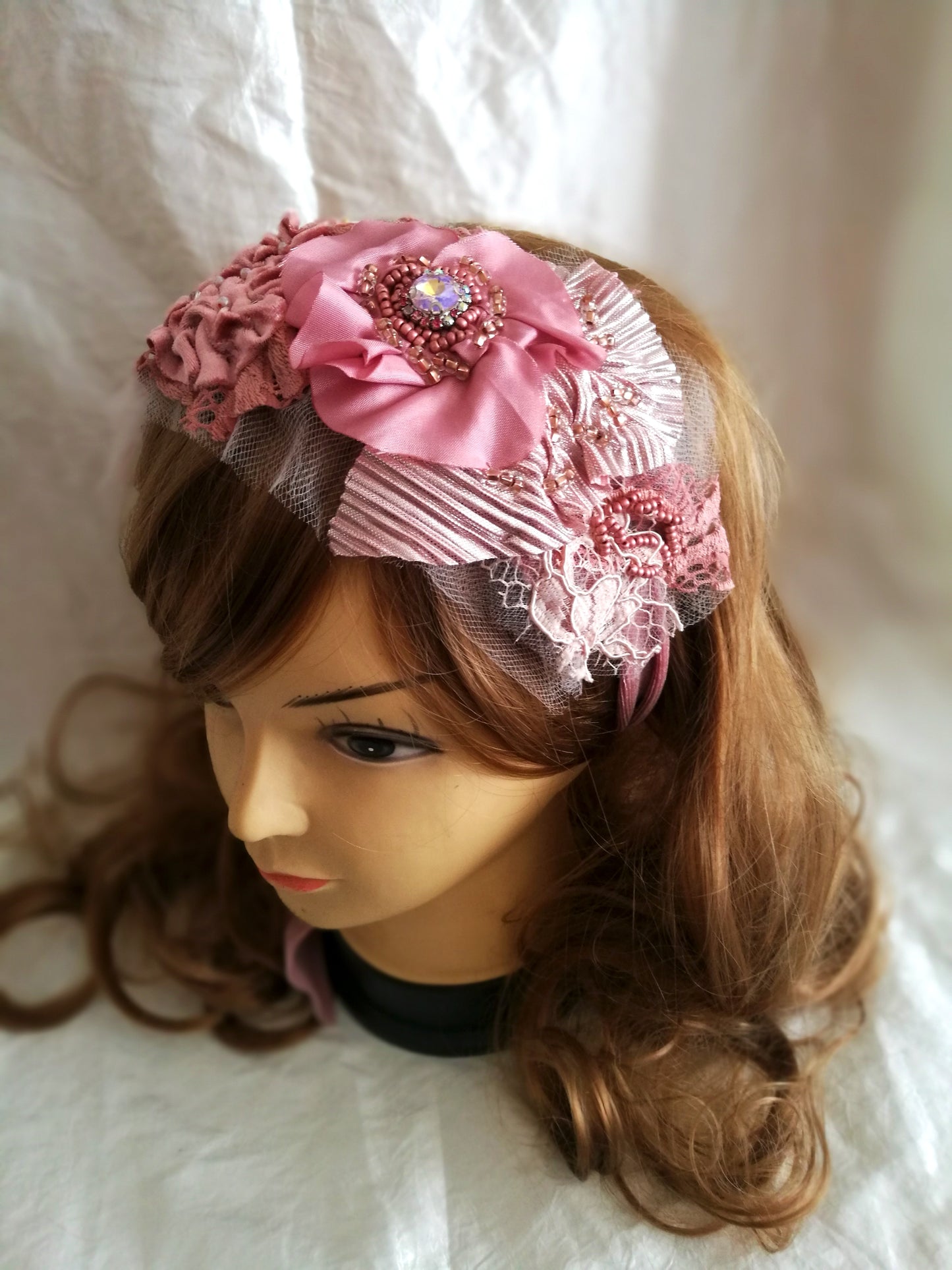 Pink Floral Headband Boho Beaded Headpiece for Women