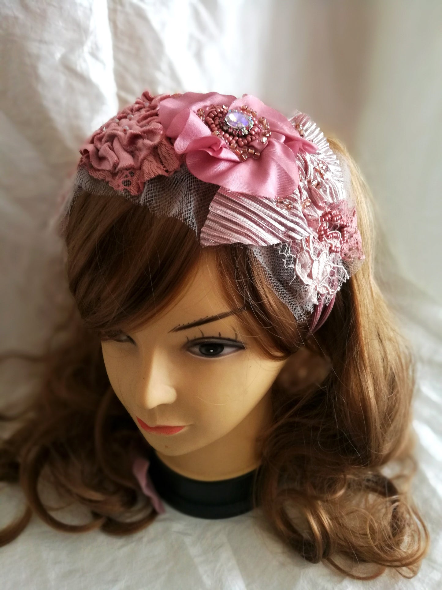 Pink Floral Headband Boho Beaded Headpiece for Women