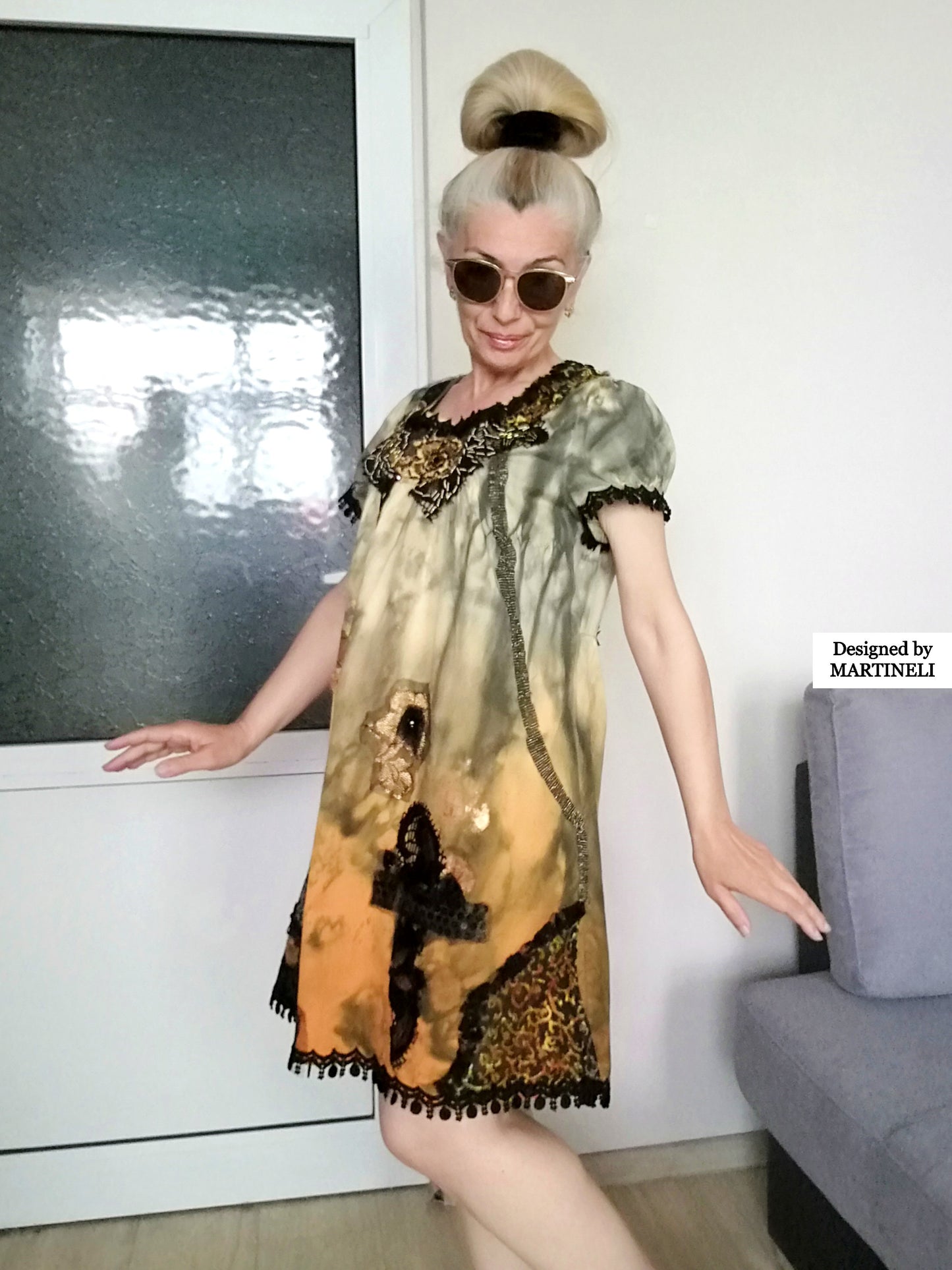 Orange Summer Dress M Boho Style Cotton Midi Dress