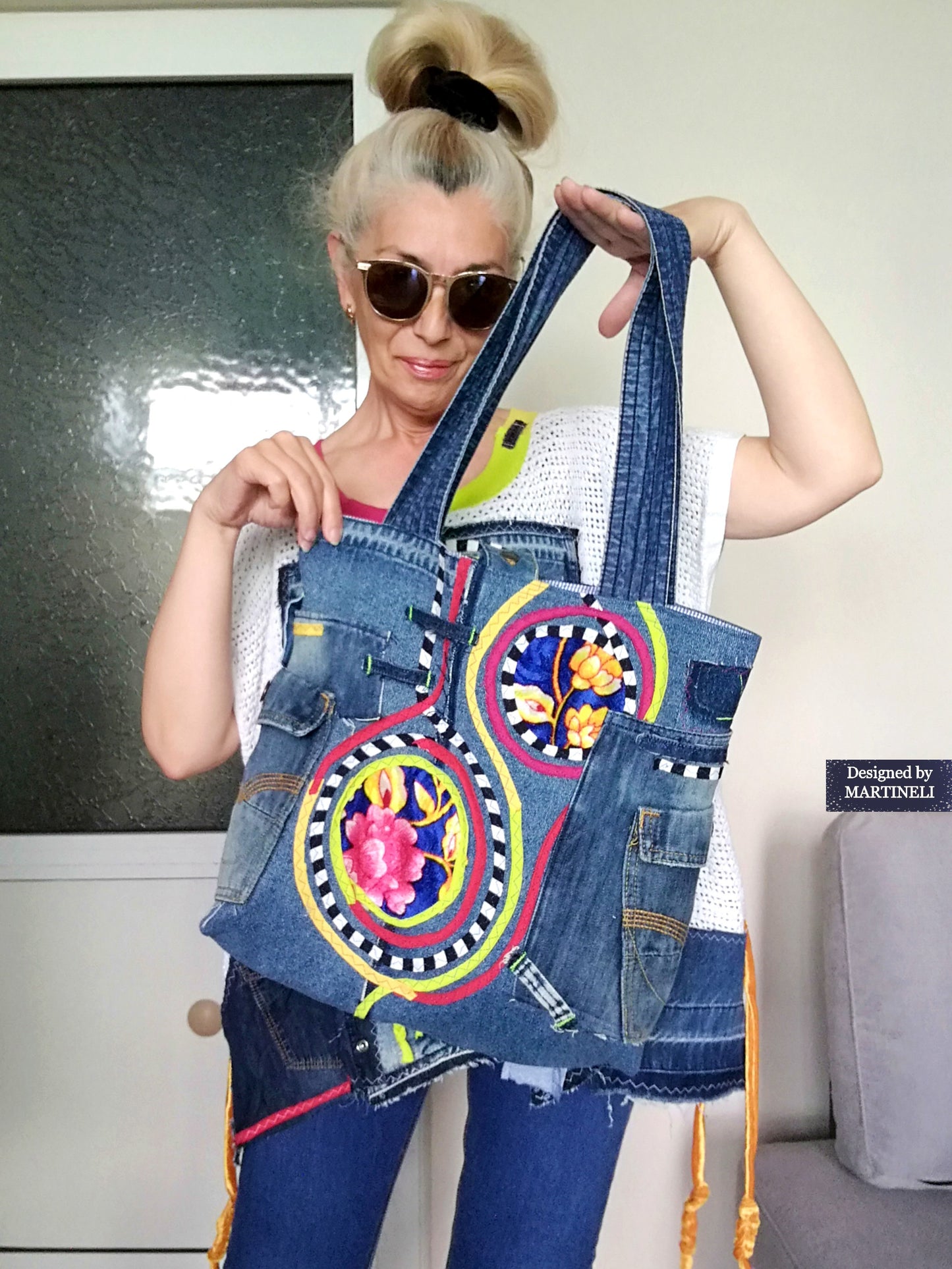 Boho Denim Tote Bag Embroidered Large Shoulder Purse Bag