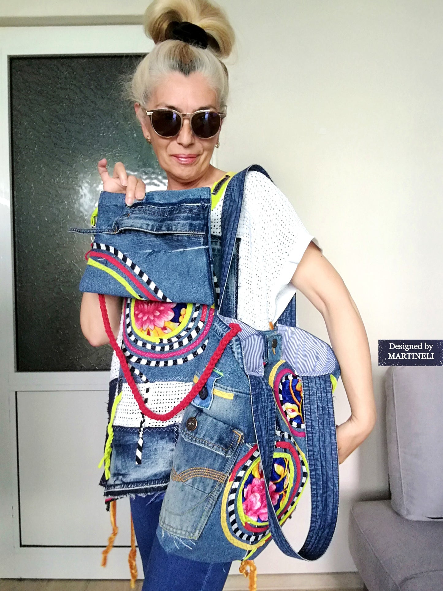 Boho Denim Tote Bag Embroidered Large Shoulder Purse Bag