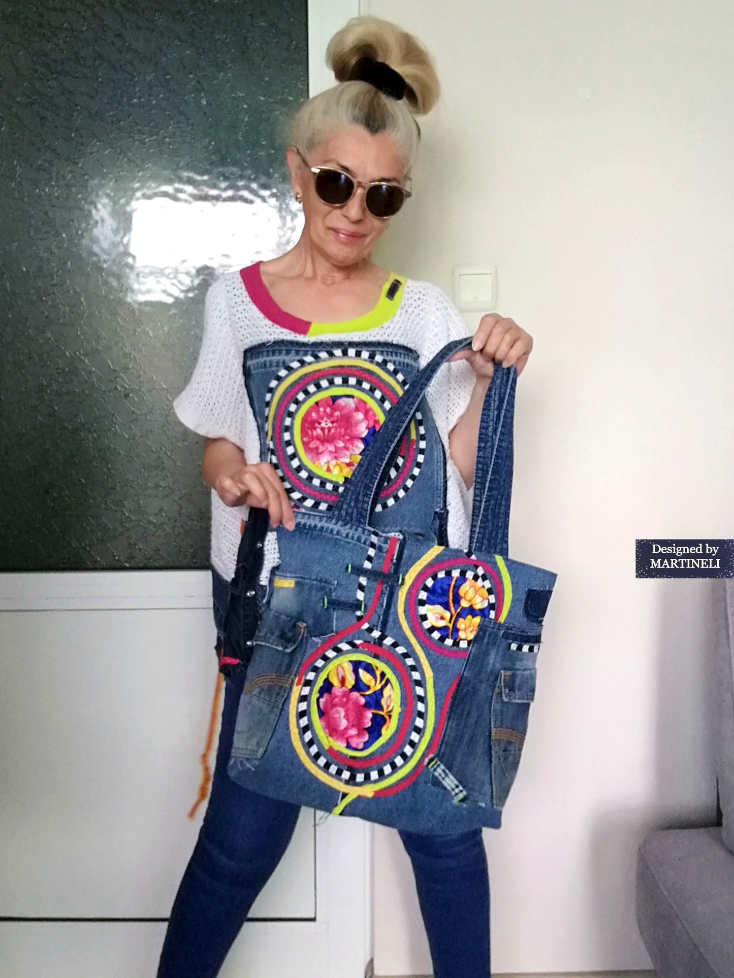 Boho Denim Tote Bag Embroidered Large Shoulder Purse Bag