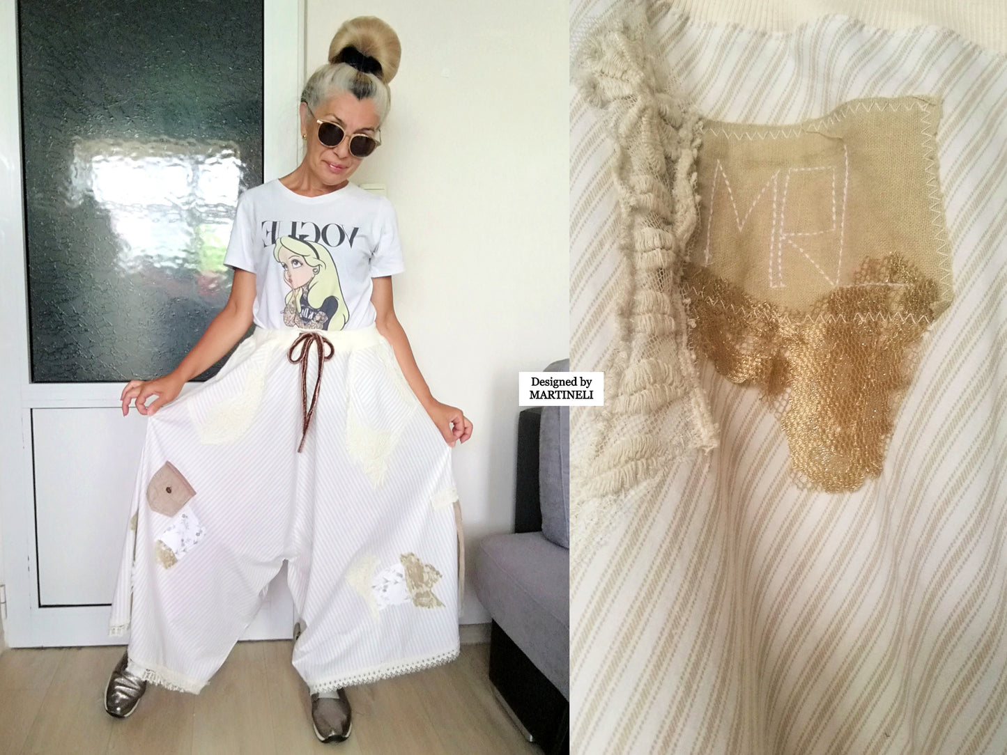 White Drop Crotch Pants For Women M/XL Boho Harem Pants