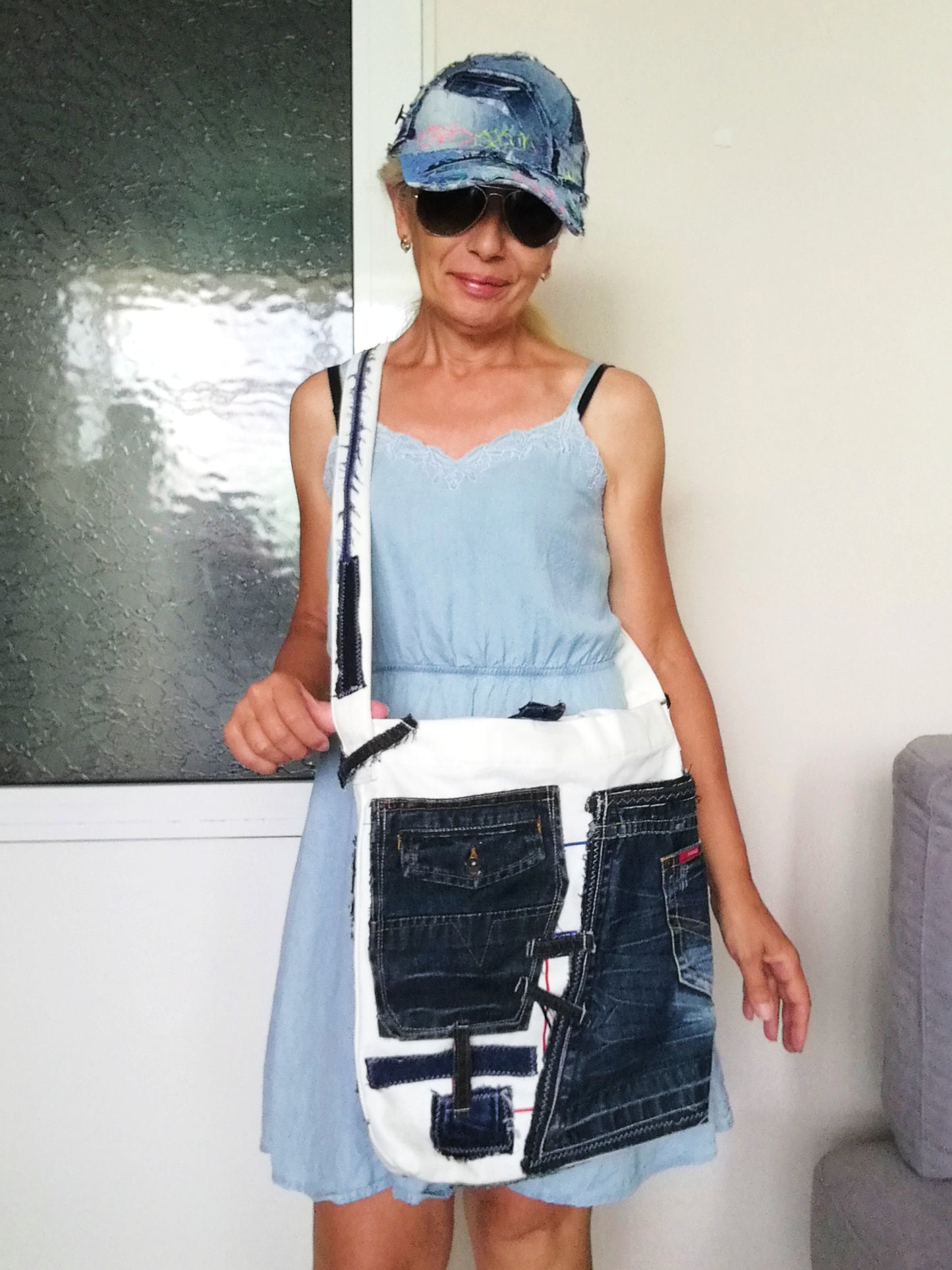 Patchwork Denim Shoulder Bag White Canvas Beach Crossbody Bag For Women
