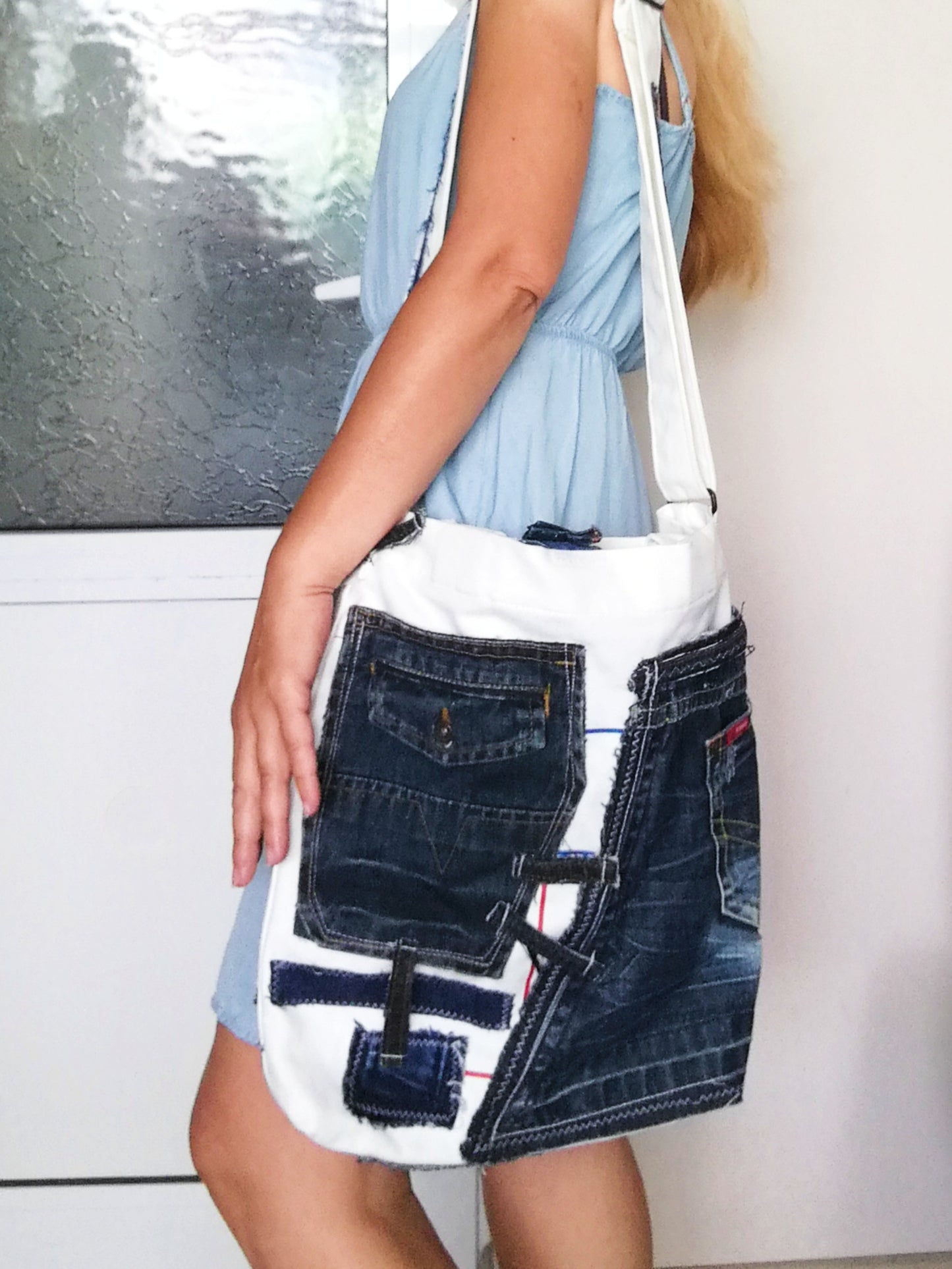 Patchwork Denim Shoulder Bag White Canvas Beach Crossbody Bag For Women