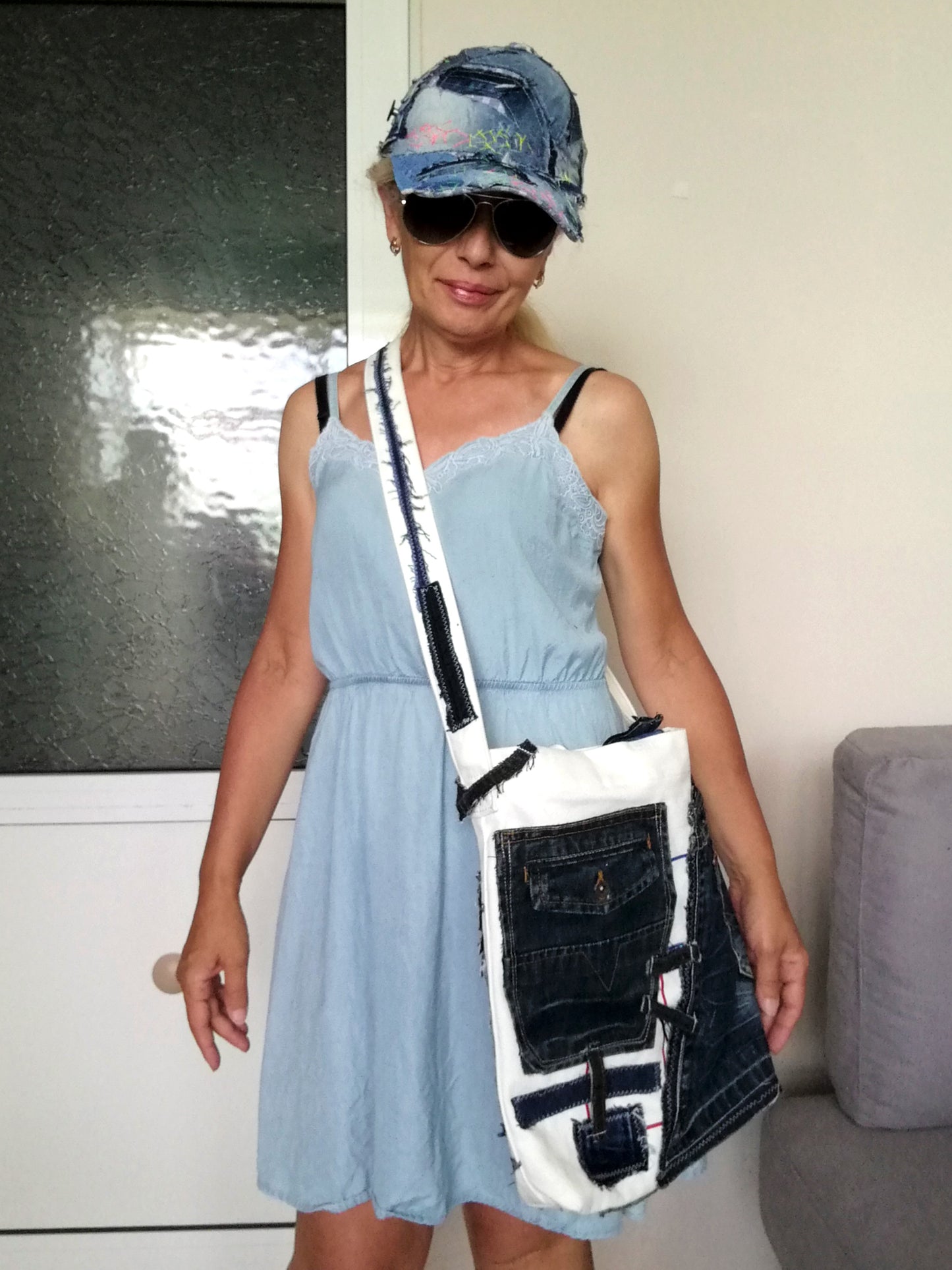Patchwork Denim Shoulder Bag White Canvas Beach Crossbody Bag For Women