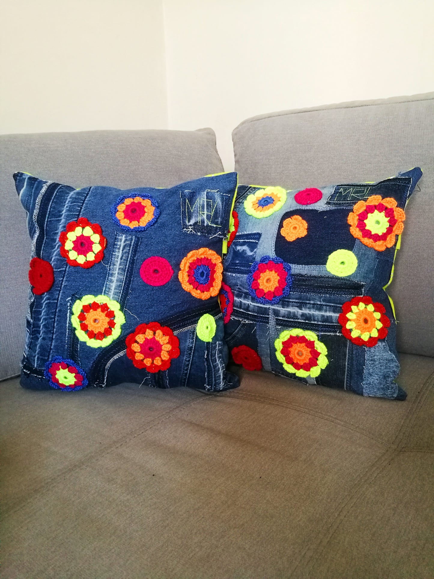 Floral Couch Pillow Patchwork Denim Pillow Linen Pillow Case