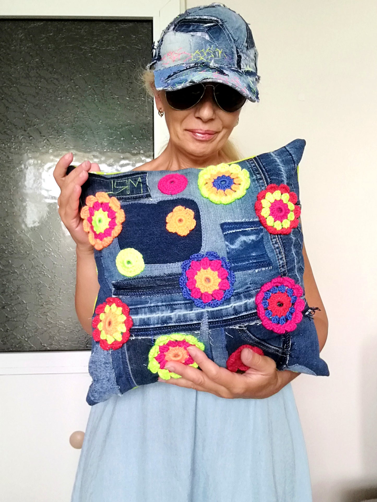 Floral Couch Pillow Patchwork Denim Pillow Linen Pillow Case