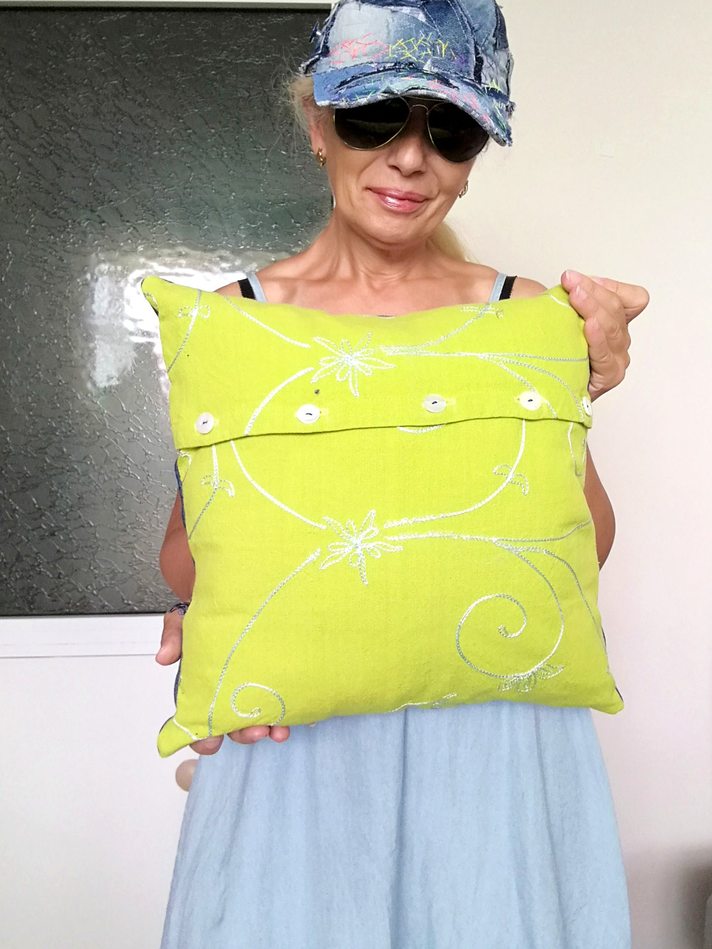 Floral Couch Pillow Patchwork Denim Pillow Linen Pillow Case