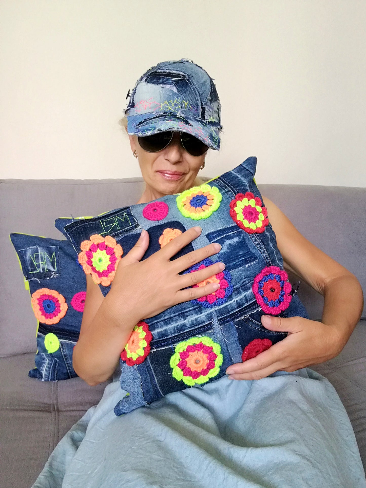 Floral Couch Pillow Patchwork Denim Pillow Linen Pillow Case