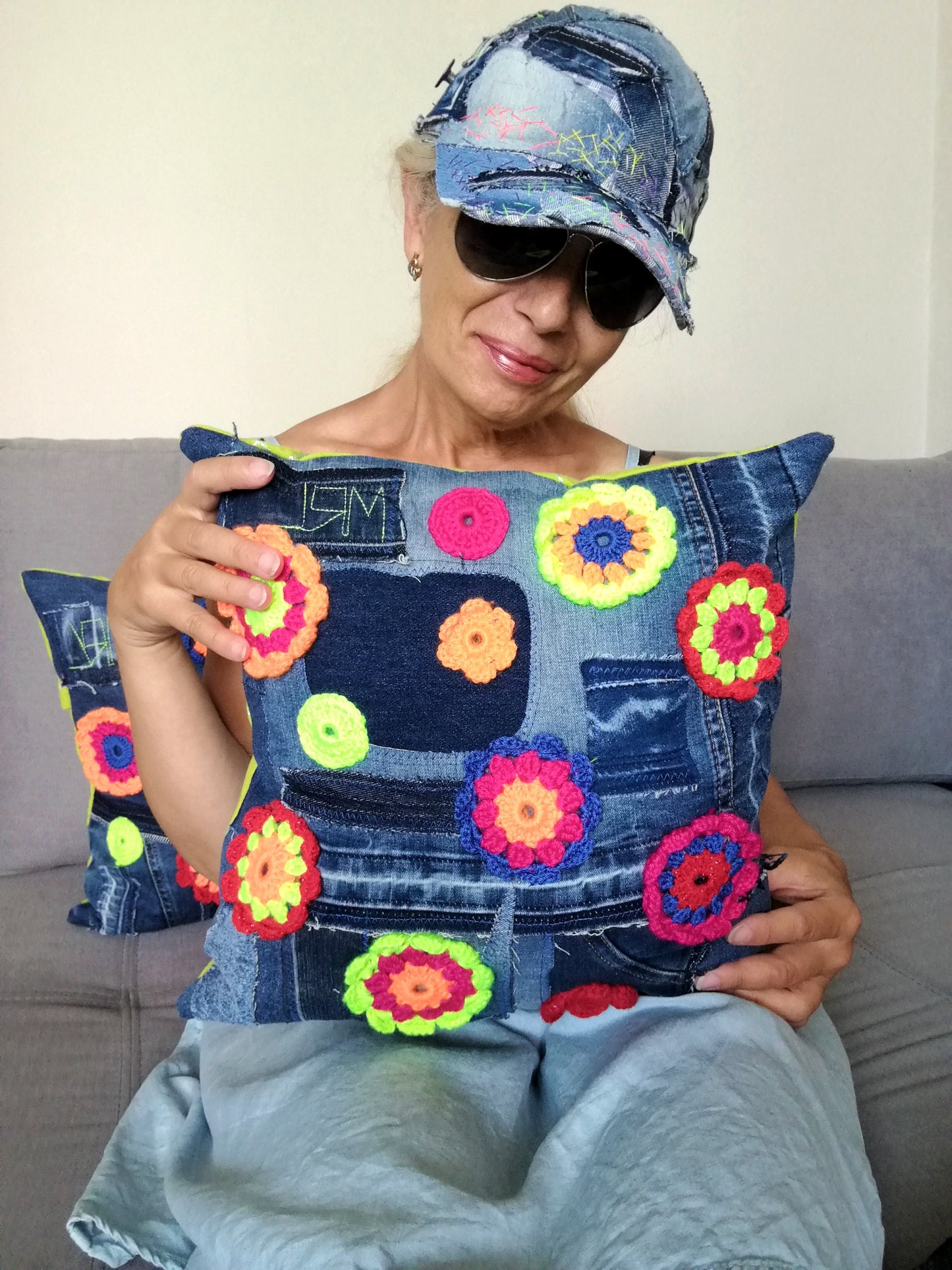 Floral Couch Pillow Patchwork Denim Pillow Linen Pillow Case