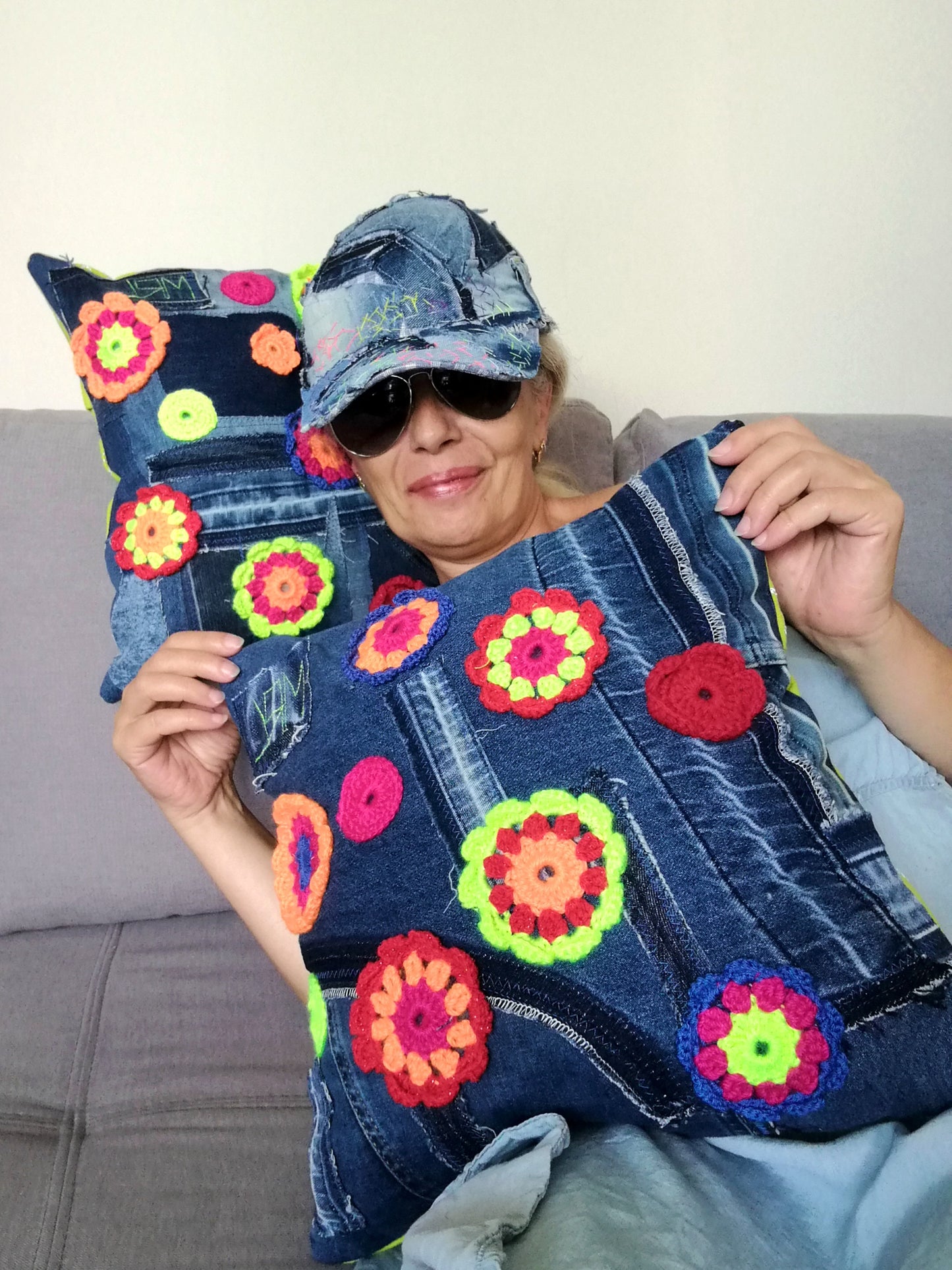 Patchwork Denim Pillow Boho Gypsy Floral Pillow Linen Pillow Case