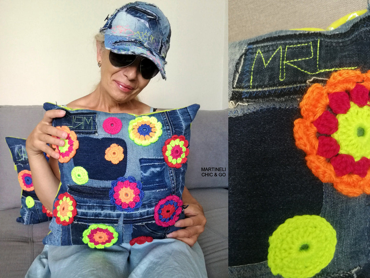 Floral Couch Pillow Patchwork Denim Pillow Linen Pillow Case