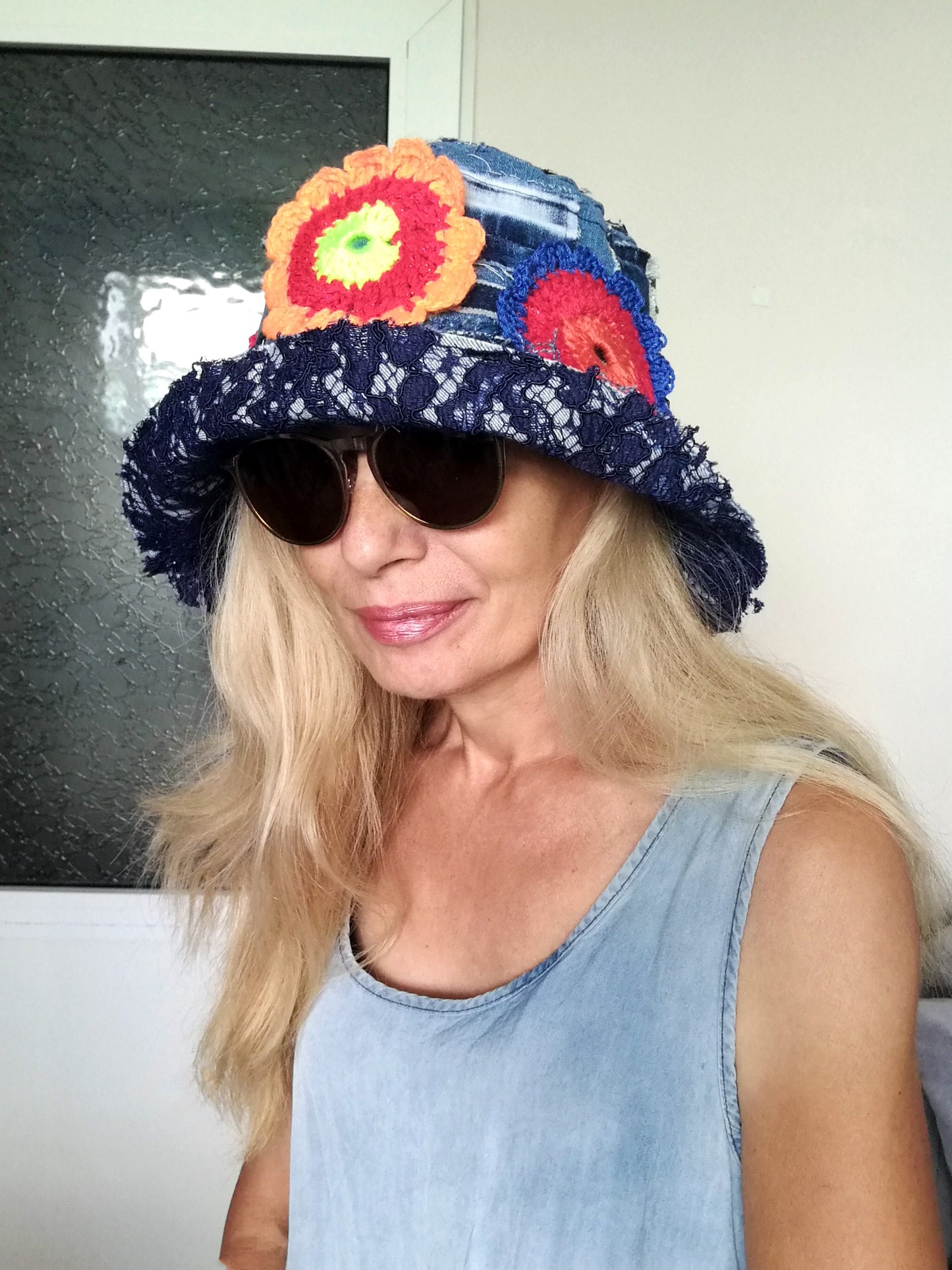 Patchwork Denim Bucket Hat 2X Boho Floral Hat