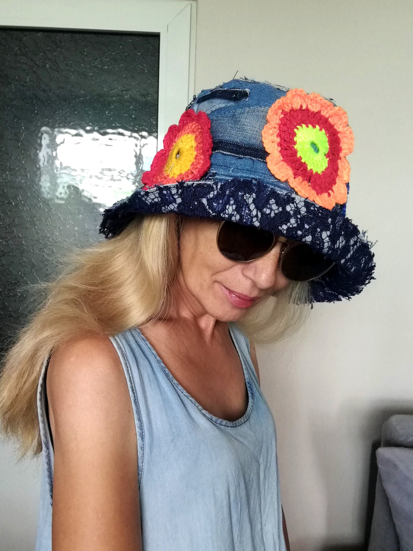 Patchwork Denim Bucket Hat 2X Boho Floral Hat