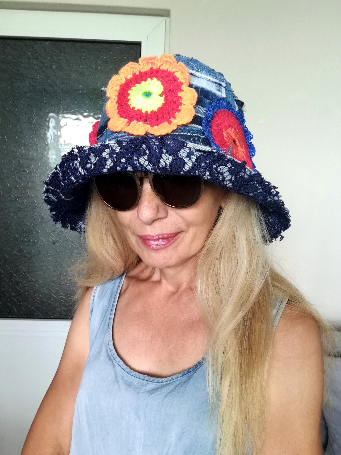 Patchwork Denim Bucket Hat 2X Boho Floral Hat