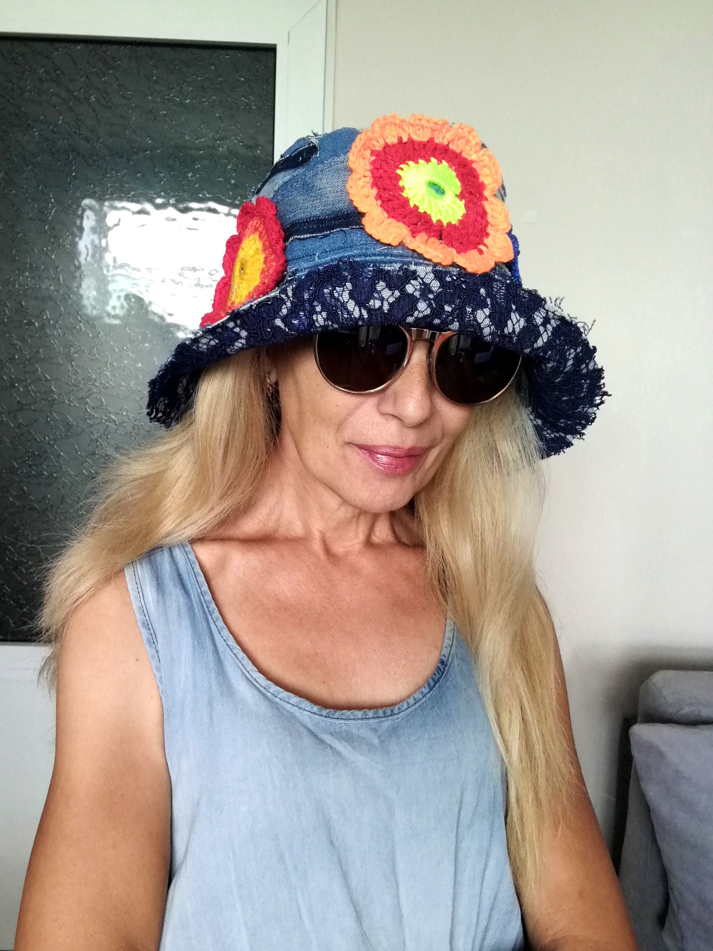 Patchwork Denim Bucket Hat 2X Boho Floral Hat
