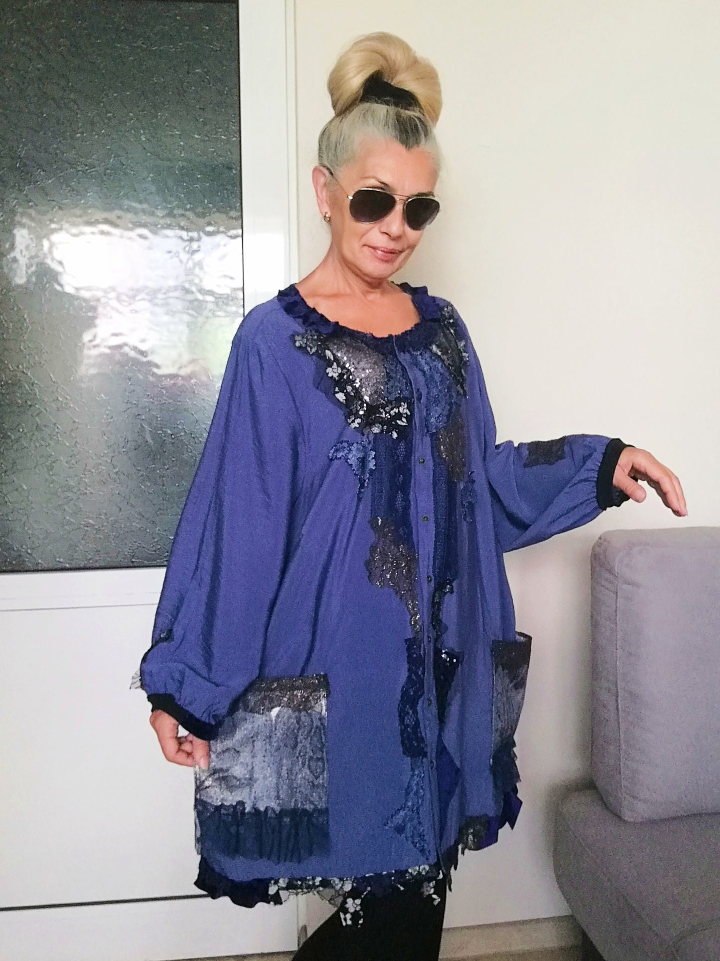 Plus Size Blue Shirt Dress 5XL Maxi Embroidered Tunic Dress