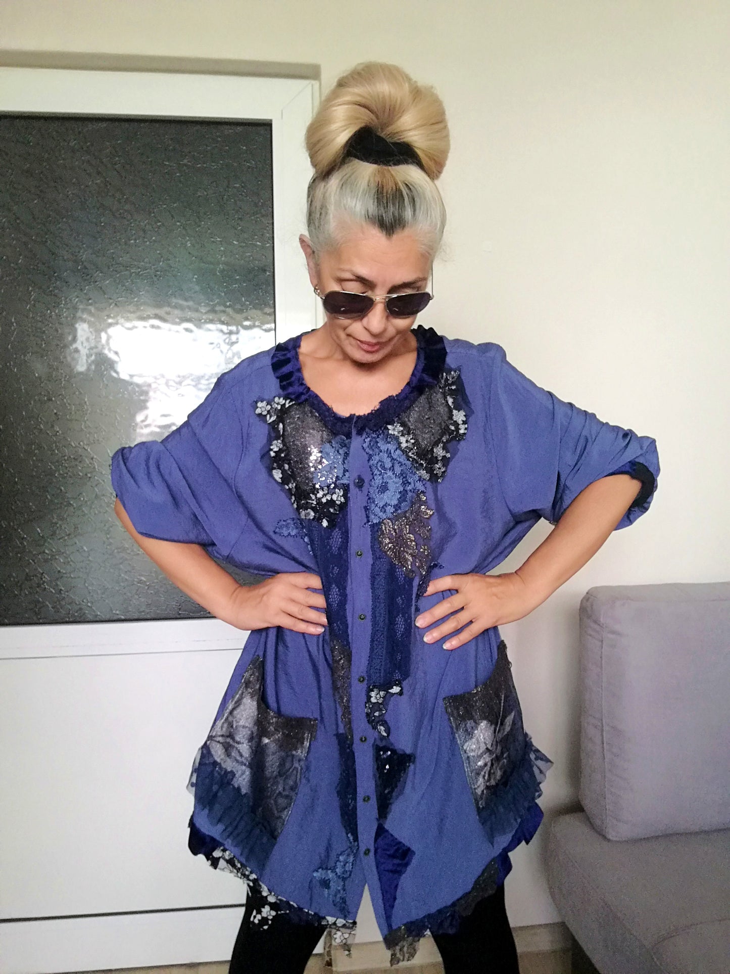 Plus Size Blue Shirt Dress 5XL Maxi Embroidered Tunic Dress