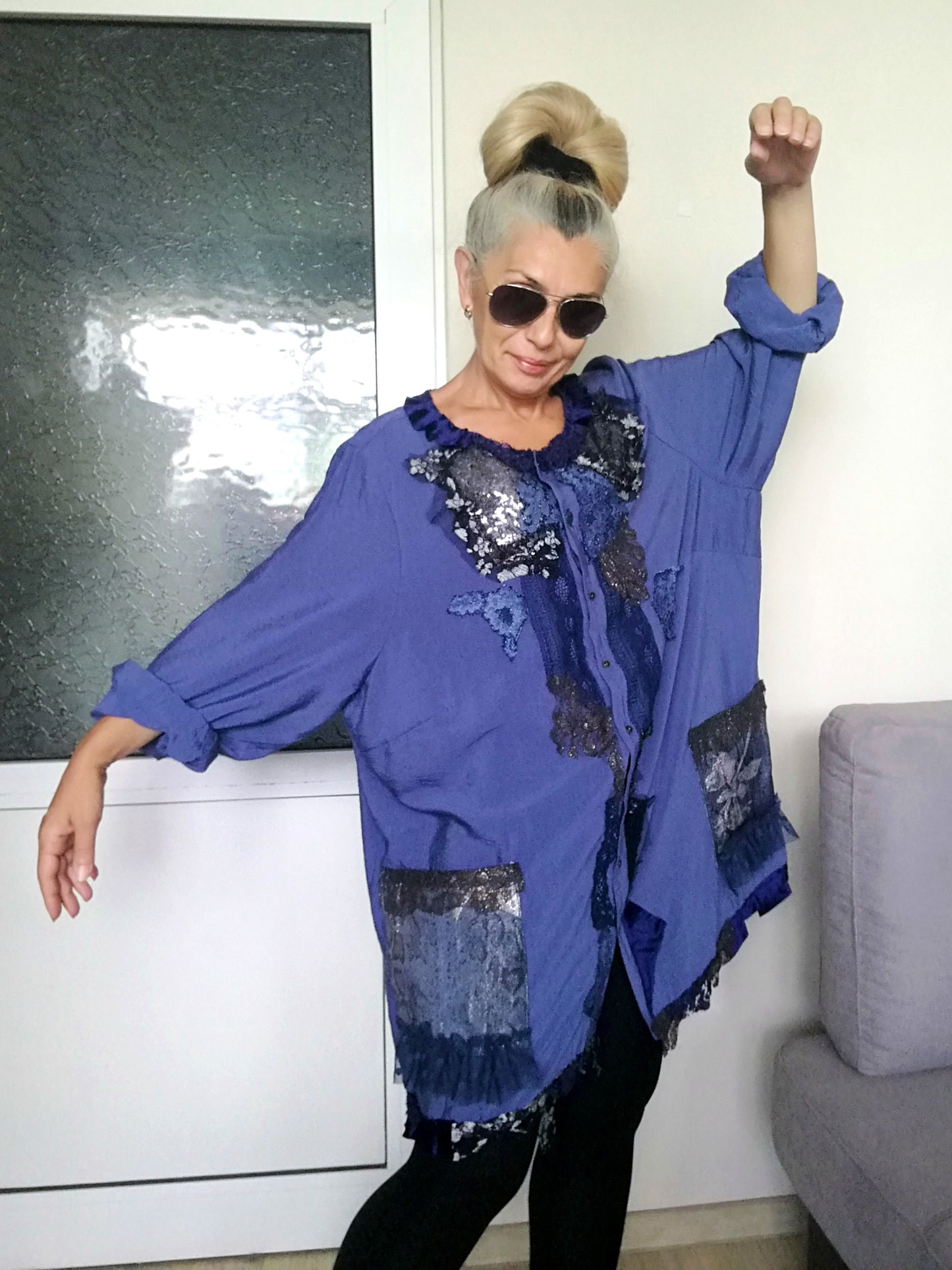Plus Size Blue Shirt Dress 5XL Maxi Embroidered Tunic Dress