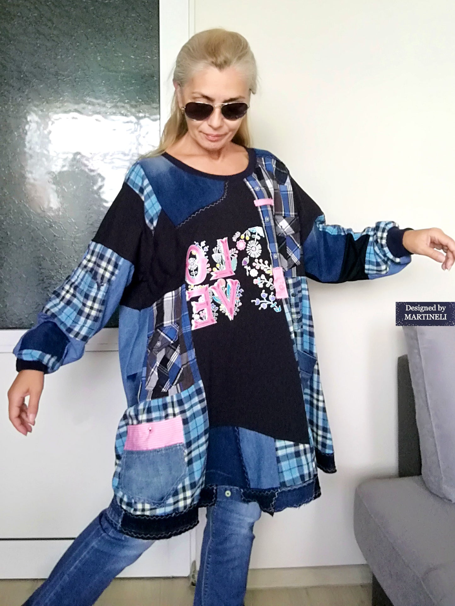 Plus Size Boho Shirt Dress 4X Maxi Denim Sweatshirt Dress