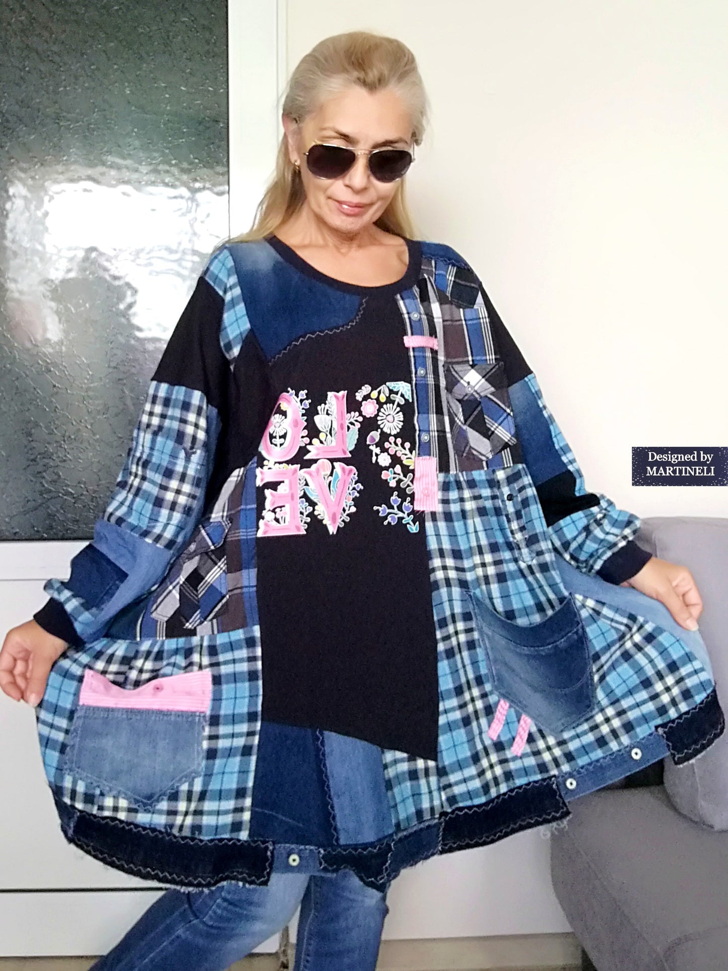 Plus Size Boho Shirt Dress 4X Maxi Denim Sweatshirt Dress