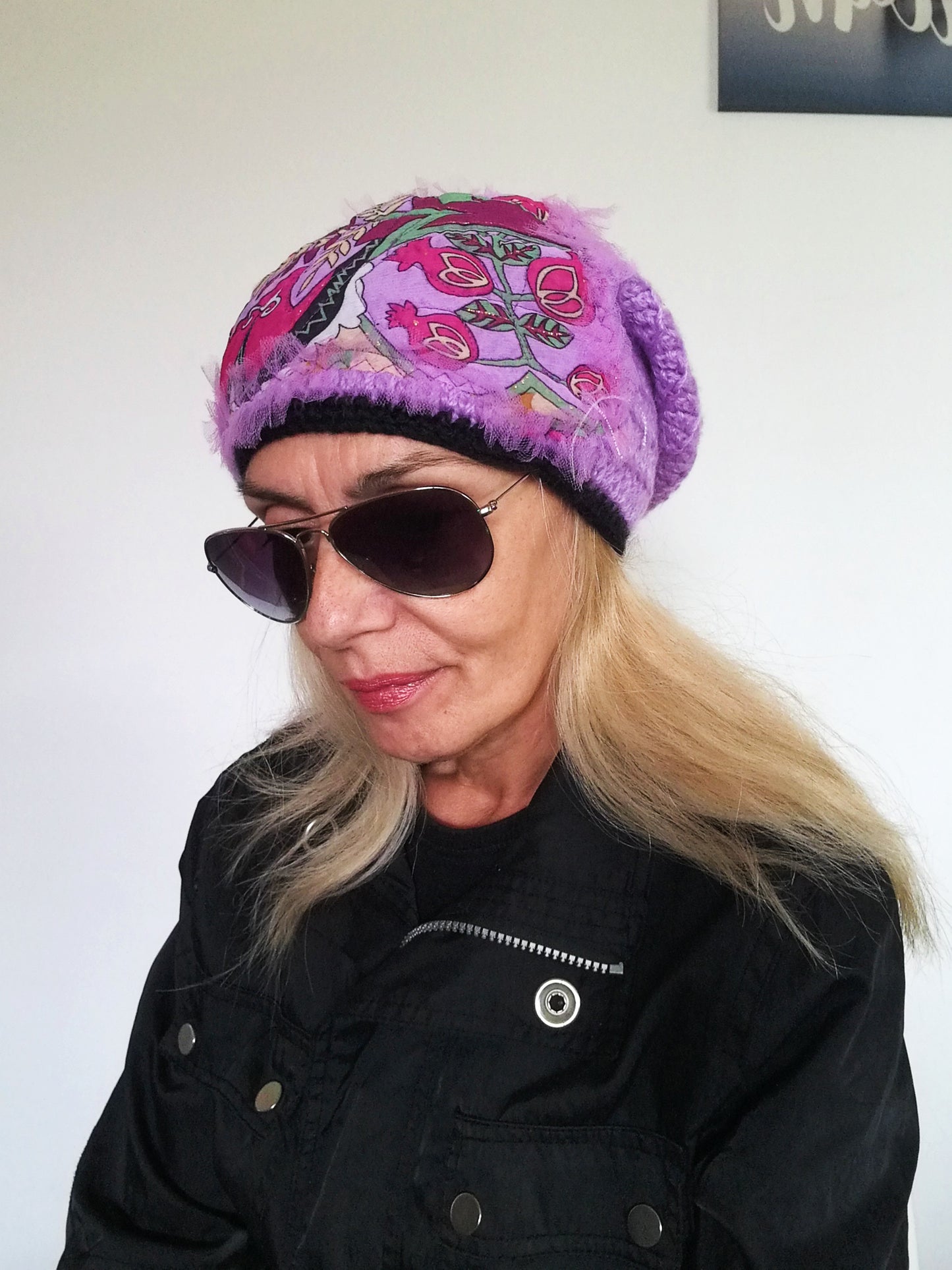 Purple Knit Slouchy Beanie for Women,Warm Wool Embroidered Beanie