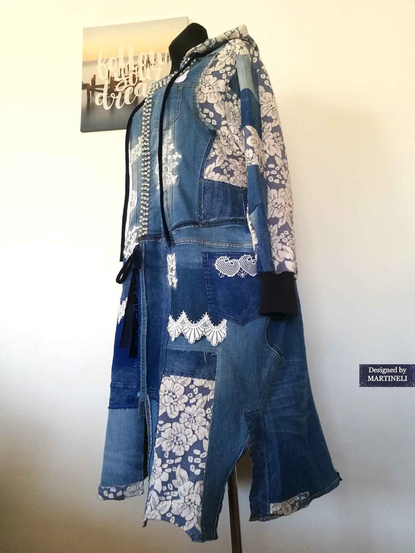 Plus Size Hooded Denim Jacket 3XL Boho Style Long Floral Coat