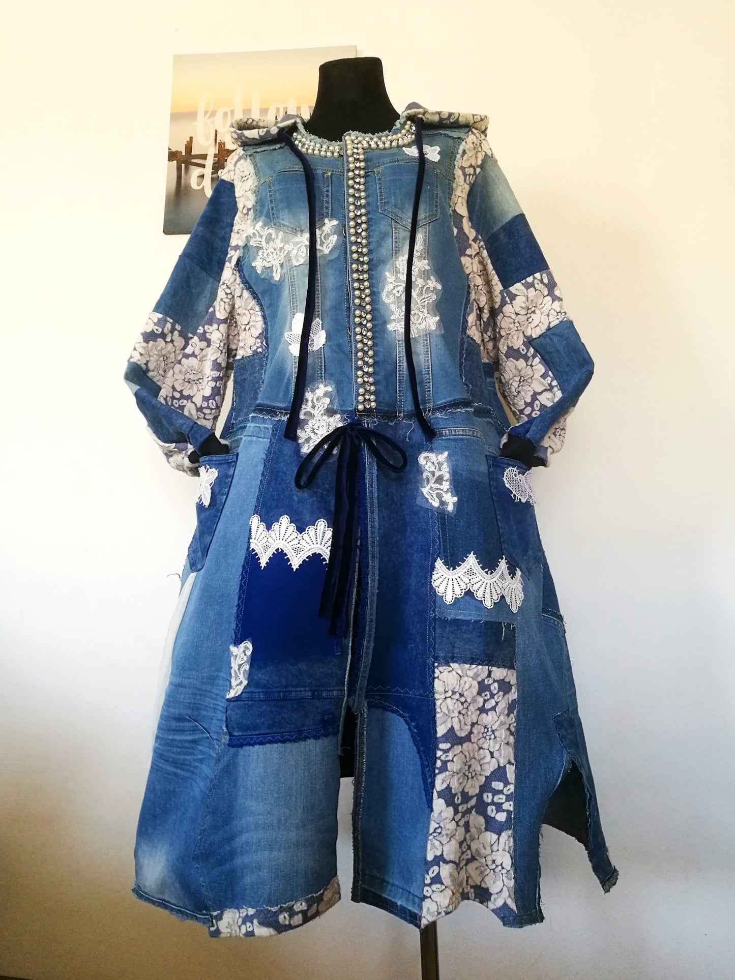 Plus Size Hooded Denim Jacket 3XL Boho Style Long Floral Coat