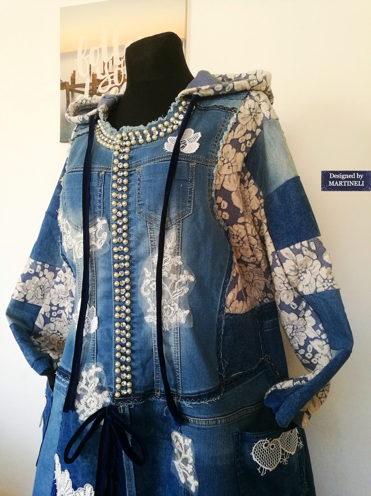 Plus Size Hooded Denim Jacket 3XL Boho Style Long Floral Coat