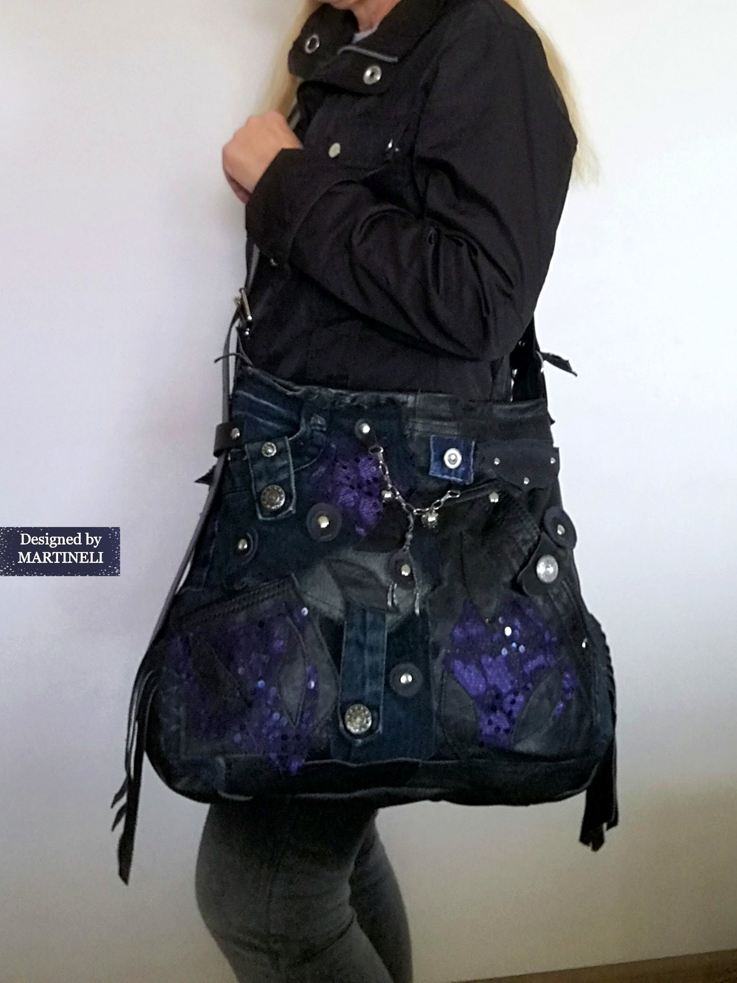 Black leather Messenger Tote Bag Gothic Style Genuine Leather Bag