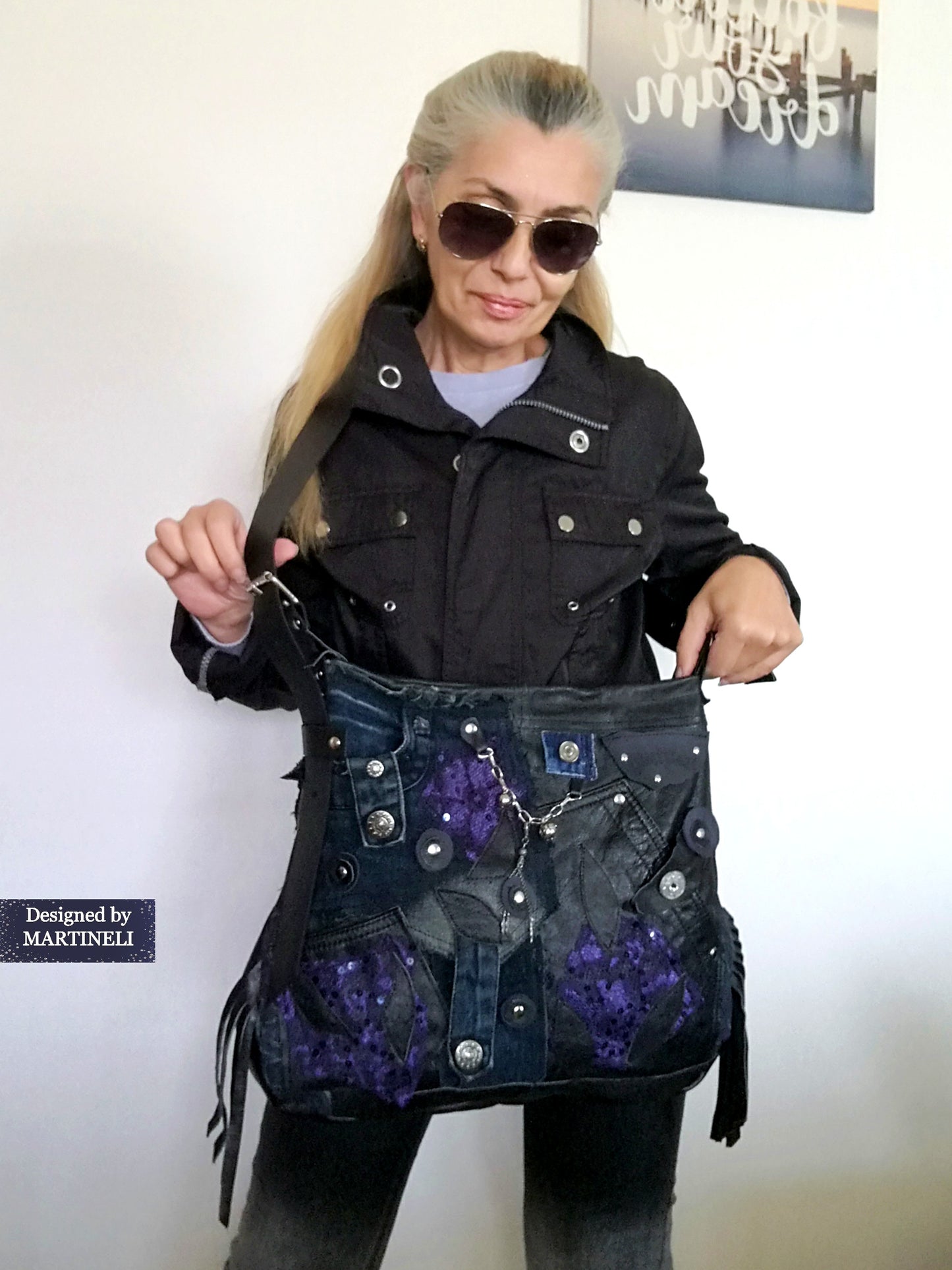 Black leather Messenger Tote Bag Gothic Style Genuine Leather Bag