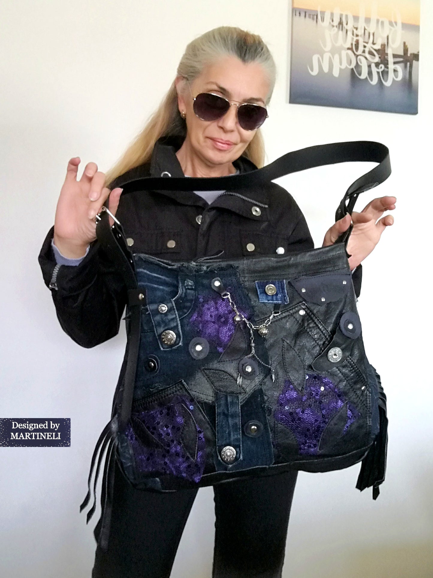 Black leather Messenger Tote Bag Gothic Style Genuine Leather Bag