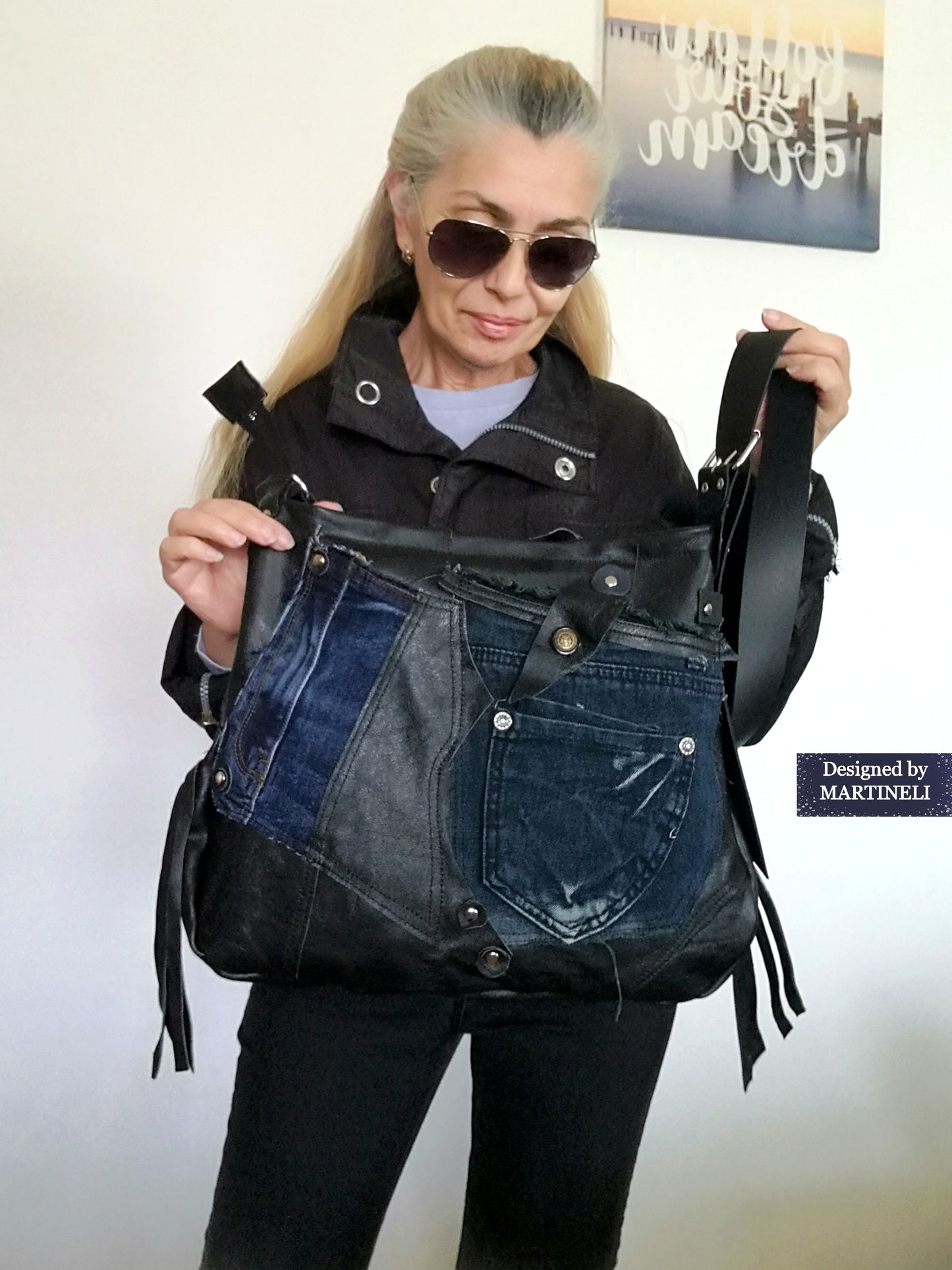Black leather Messenger Tote Bag Gothic Style Genuine Leather Bag