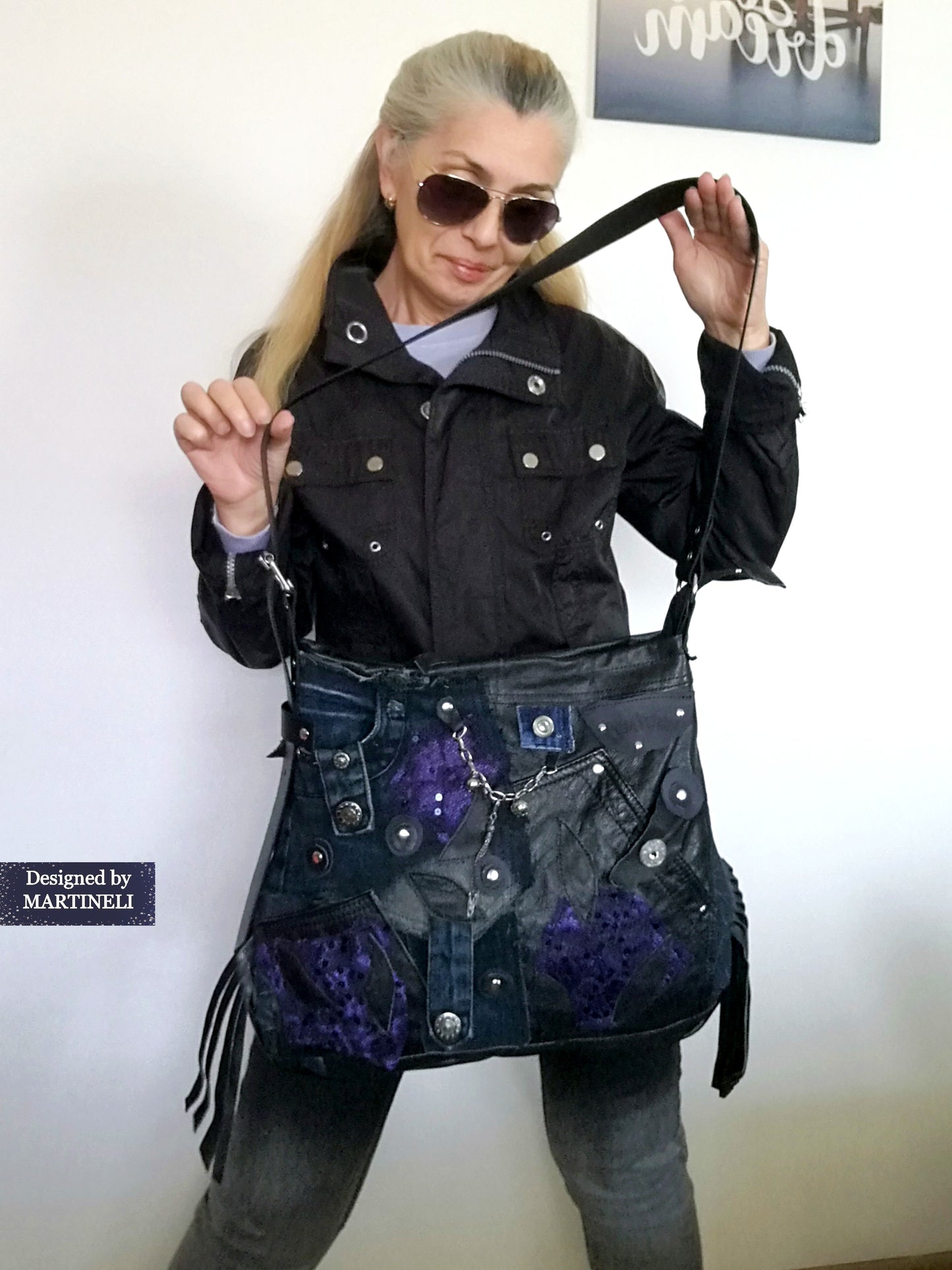 Black leather Messenger Tote Bag Gothic Style Genuine Leather Bag