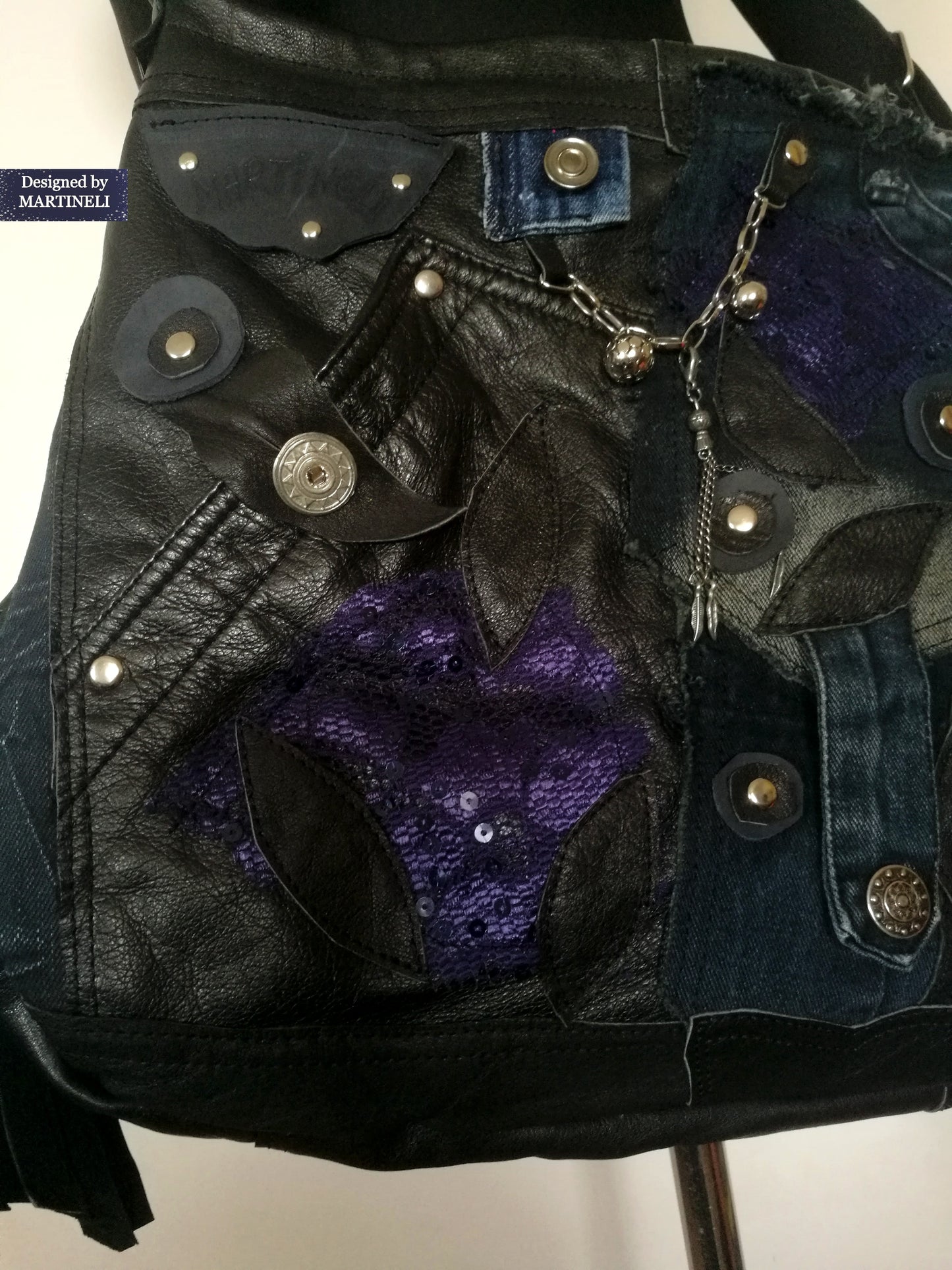 Black leather Messenger Tote Bag Gothic Style Genuine Leather Bag
