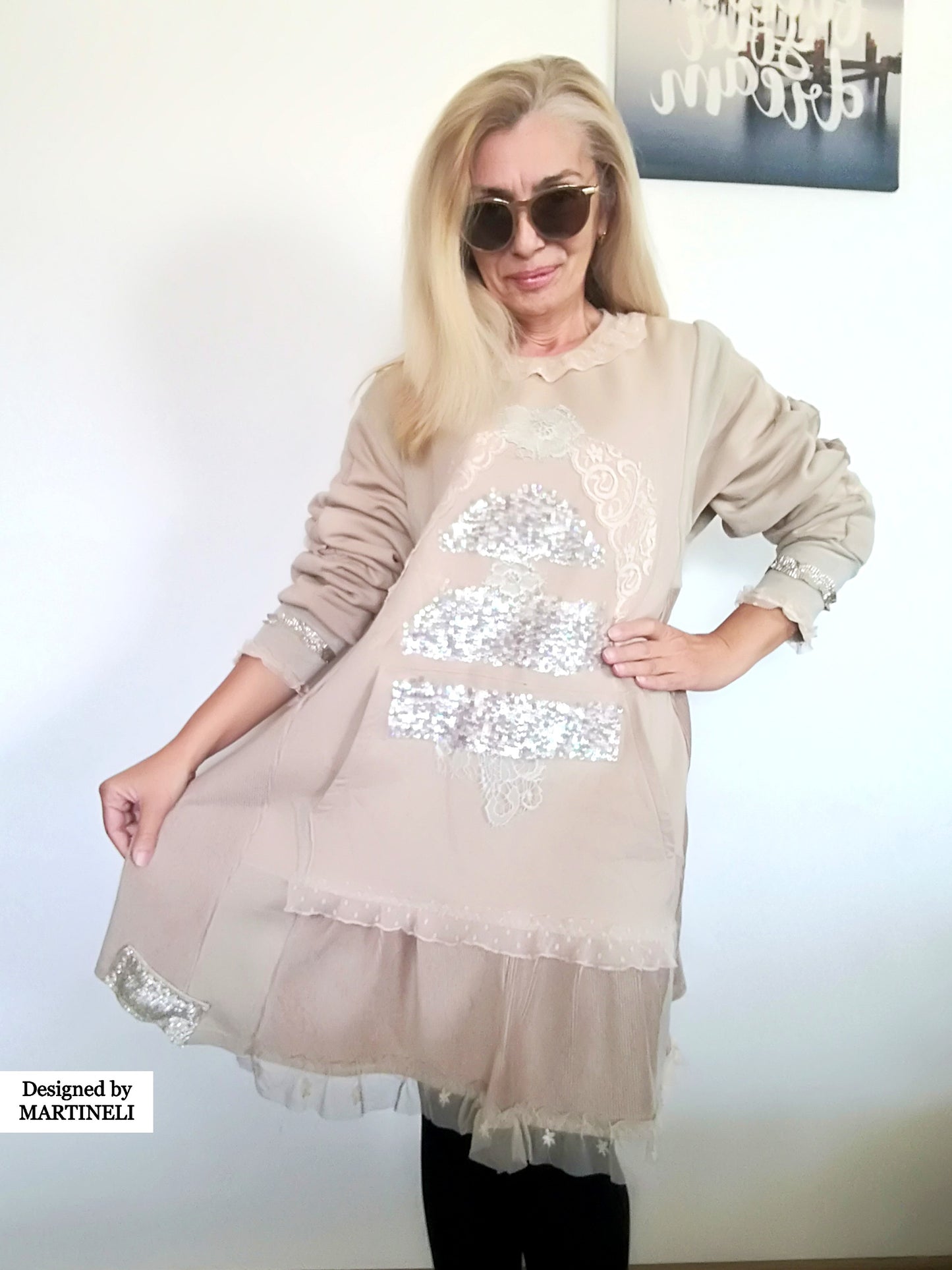 Plus Size Sweatshirt Dress 3XL Maxi Beige Cotton Top