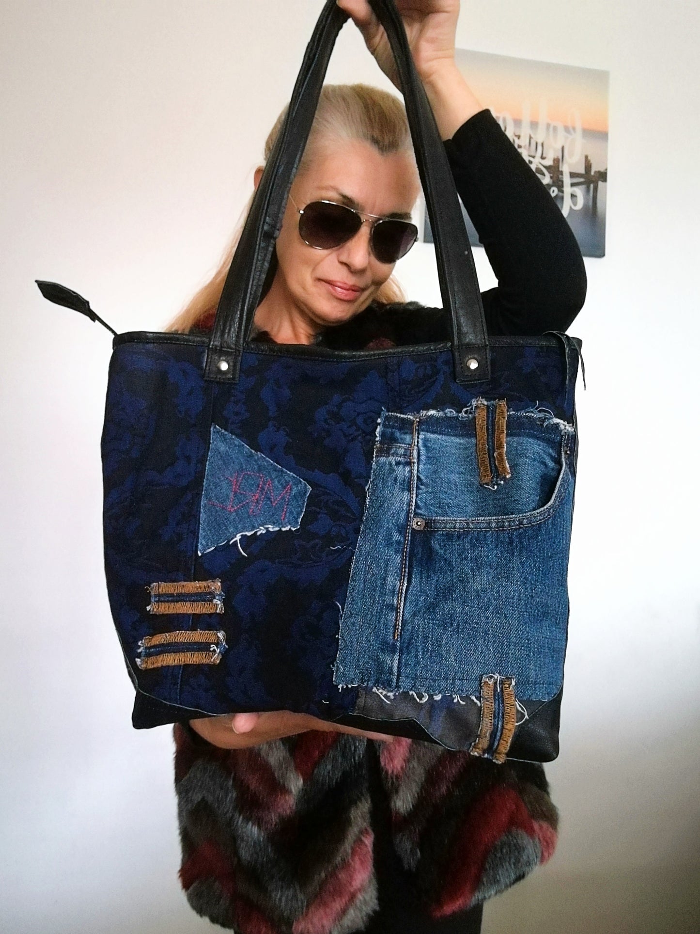 Patchwork Denim Shoulder Bag Black Leather Travel Tote Bag