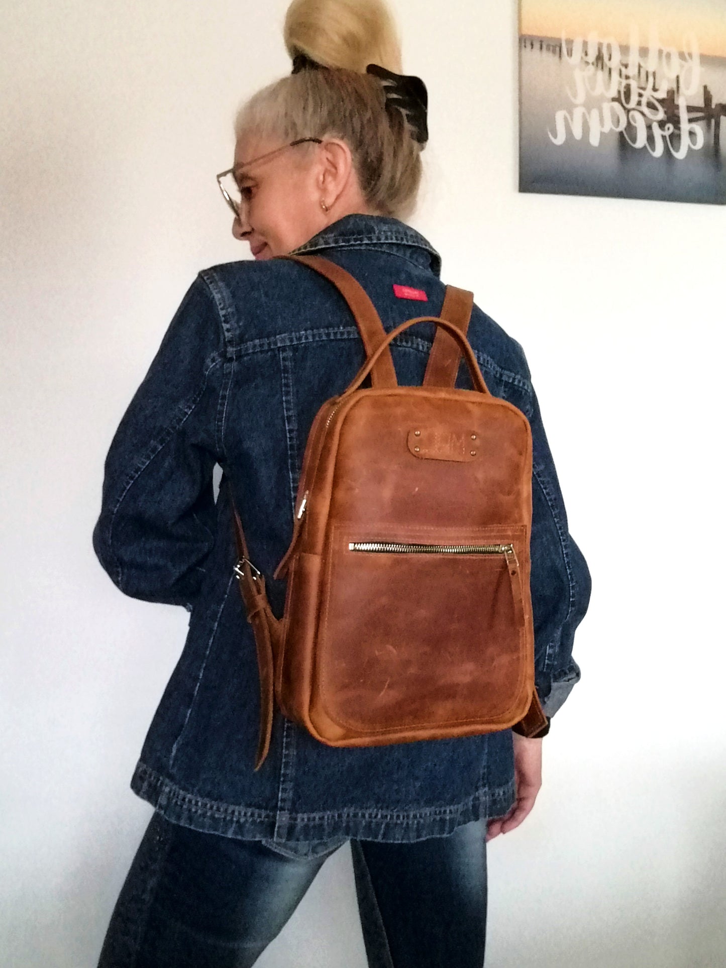Western Leather Backpack Unisex Brown Italian leather Rucksack